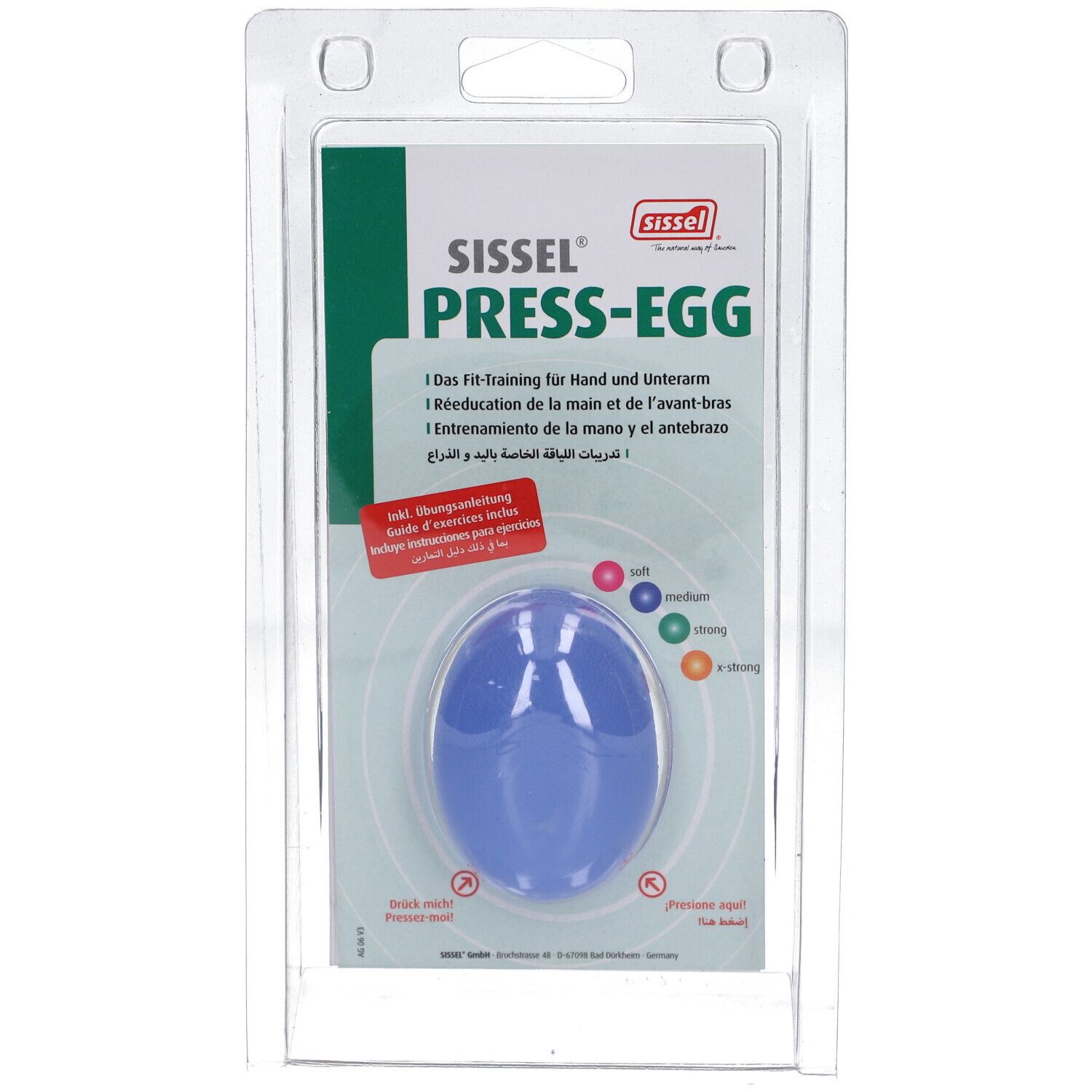 Appareil d'entraînement ovale bleu dans un emballage blister. Inscription : Sissel Press-Egg, avec niveaux de dureté. Instructions incluses.