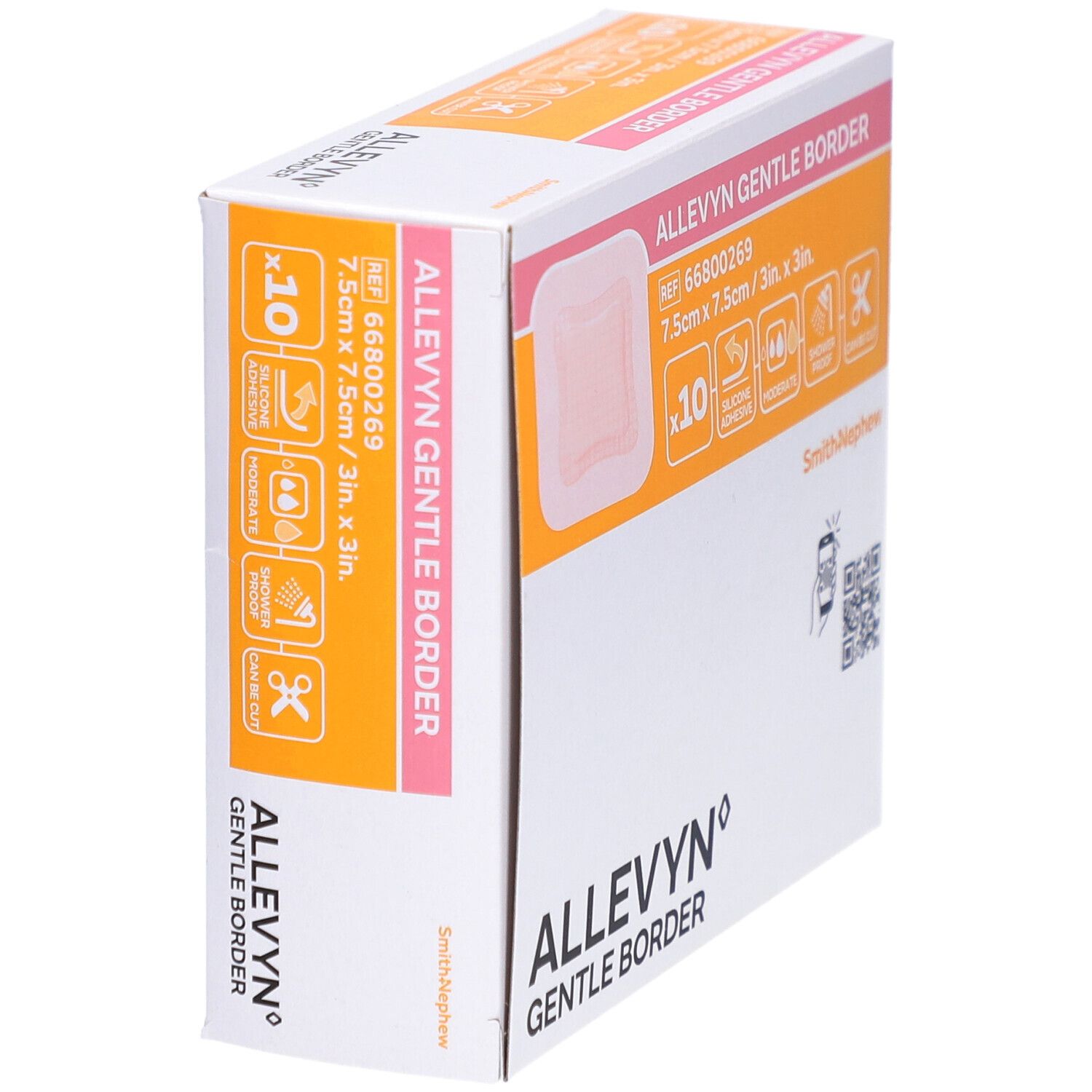 Allevyn Gentle Border-Verpackung. Zeigt ein quadratisches Pflaster, 7,5 cm x 7,5 cm, 10 Stück. Enthält Symbole und Produktinformationen.
