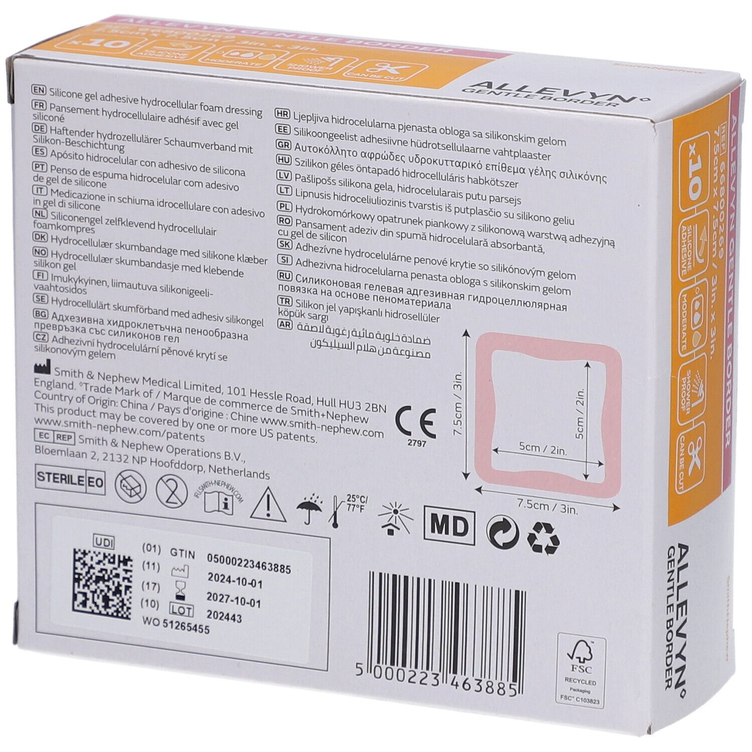 Rückseite der Allevyn Gentle Border-Verpackung. Enthält Produktinformationen, Größenangaben und Symbole. Mit QR-Code.