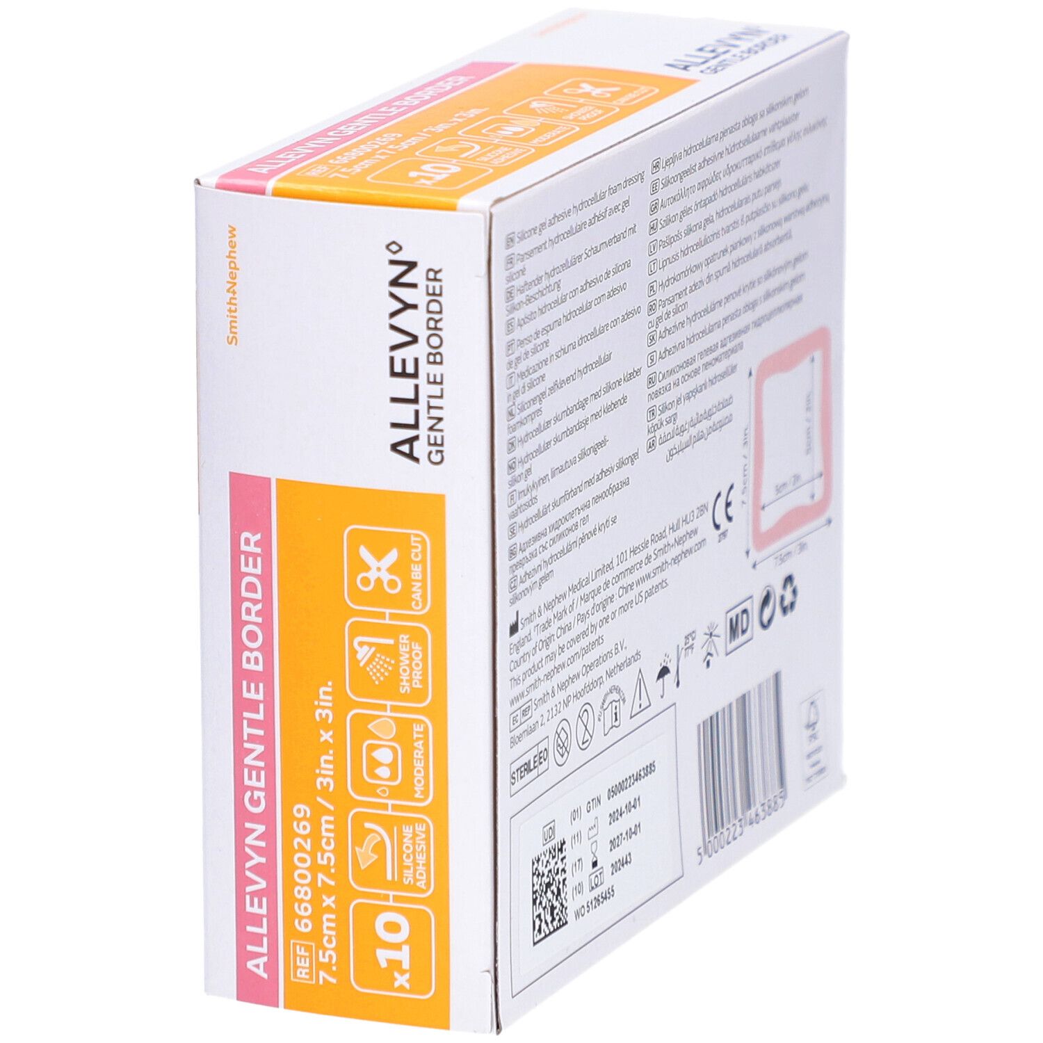 Allevyn Gentle Border-Verpackung. Zeigt ein quadratisches Pflaster, 7,5 cm x 7,5 cm, 10 Stück. Enthält Symbole und Produktinformationen.