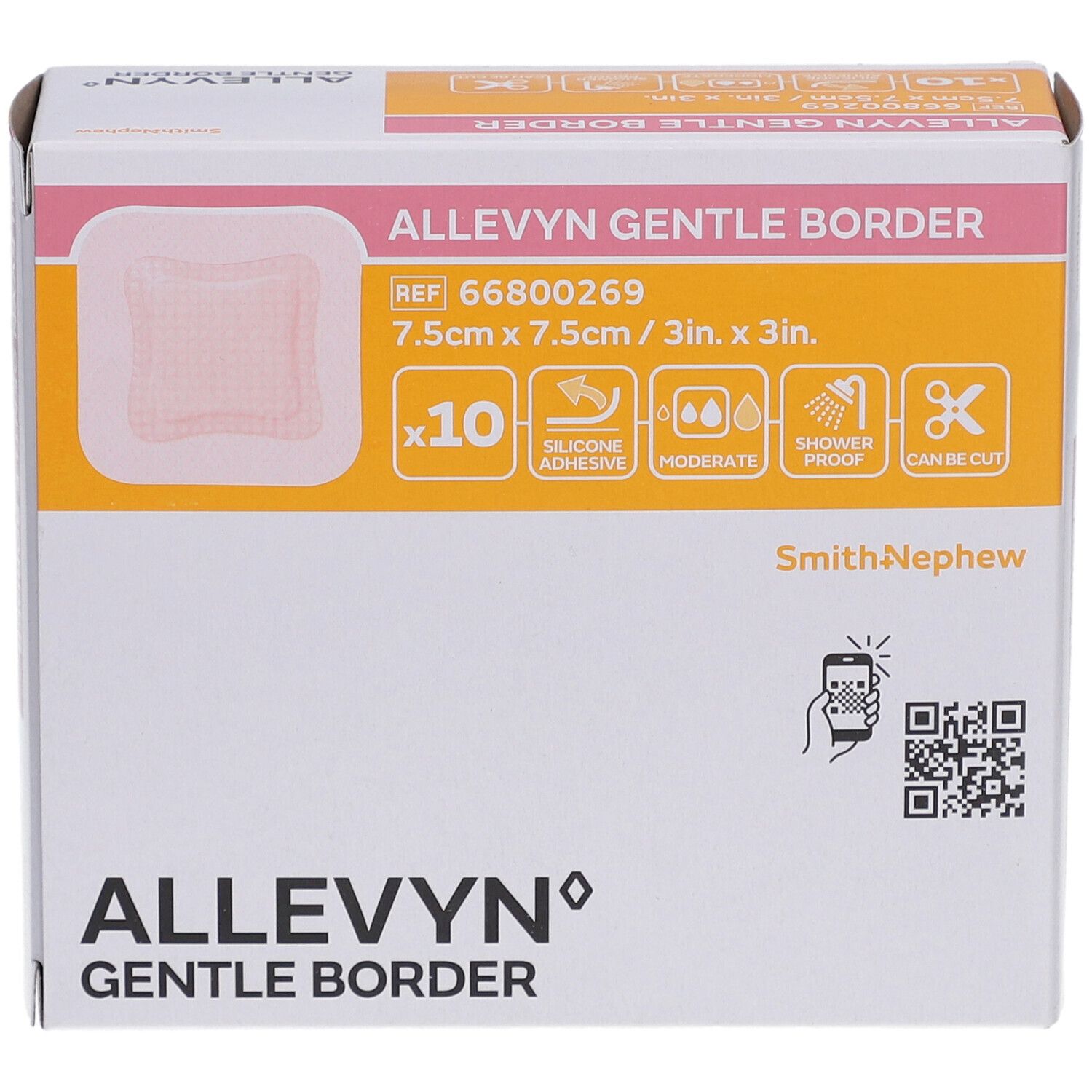 Allevyn Gentle Border-Verpackung. Zeigt ein quadratisches Pflaster, 7,5 cm x 7,5 cm, 10 Stück. Enthält Informationen und Symbole.