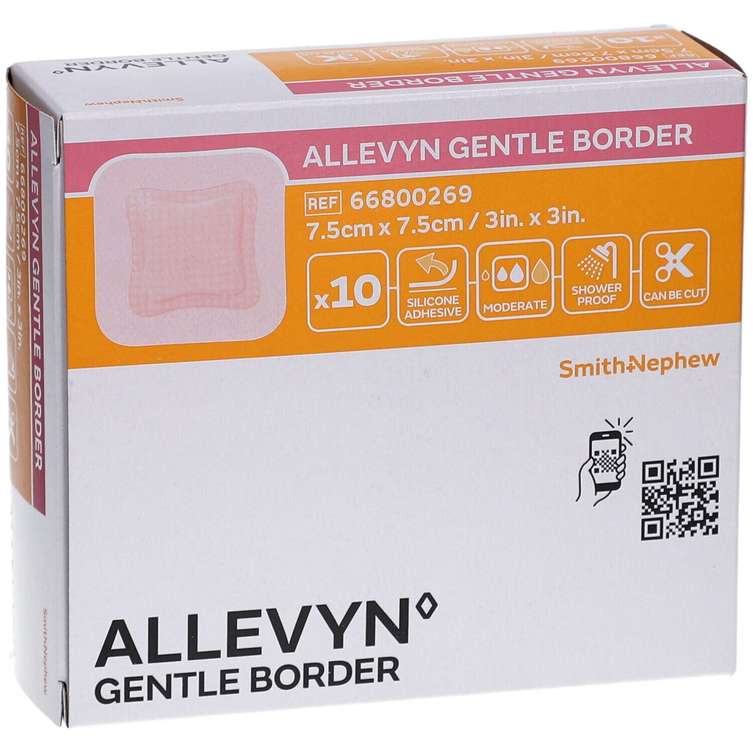 Allevyn Gentle Border-Verpackung. Zeigt ein quadratisches Pflaster, 7,5 cm x 7,5 cm, 10 Stück. Enthält Informationen und Symbole.