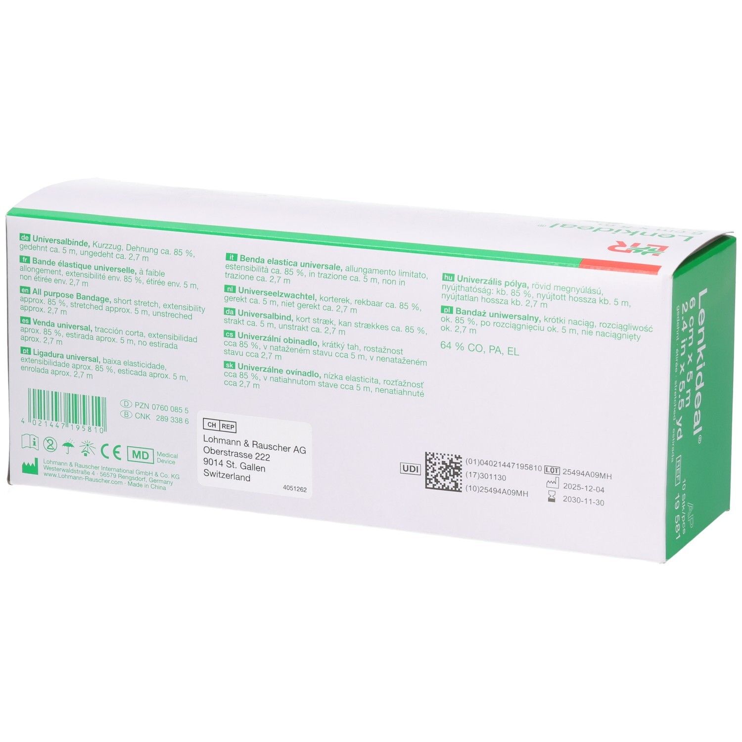 Rückseite der Verpackung Lenkideal® Universalbinde mit Produktinformationen und Herstellerdetails.