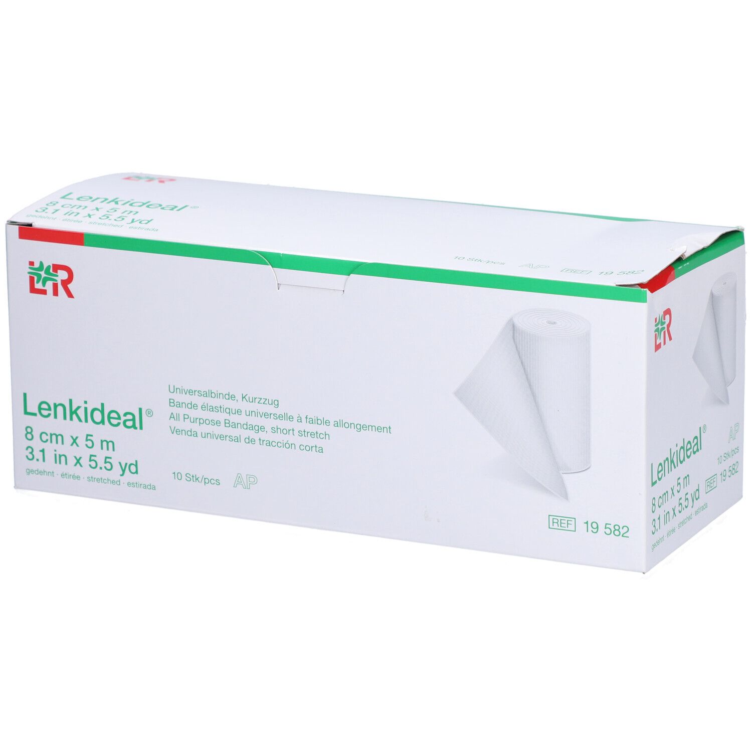 Verpackung von L&R Lenkideal. Bandage, 8 cm x 5 m. 10 Stück. Weißer Karton mit grünem Akzent.