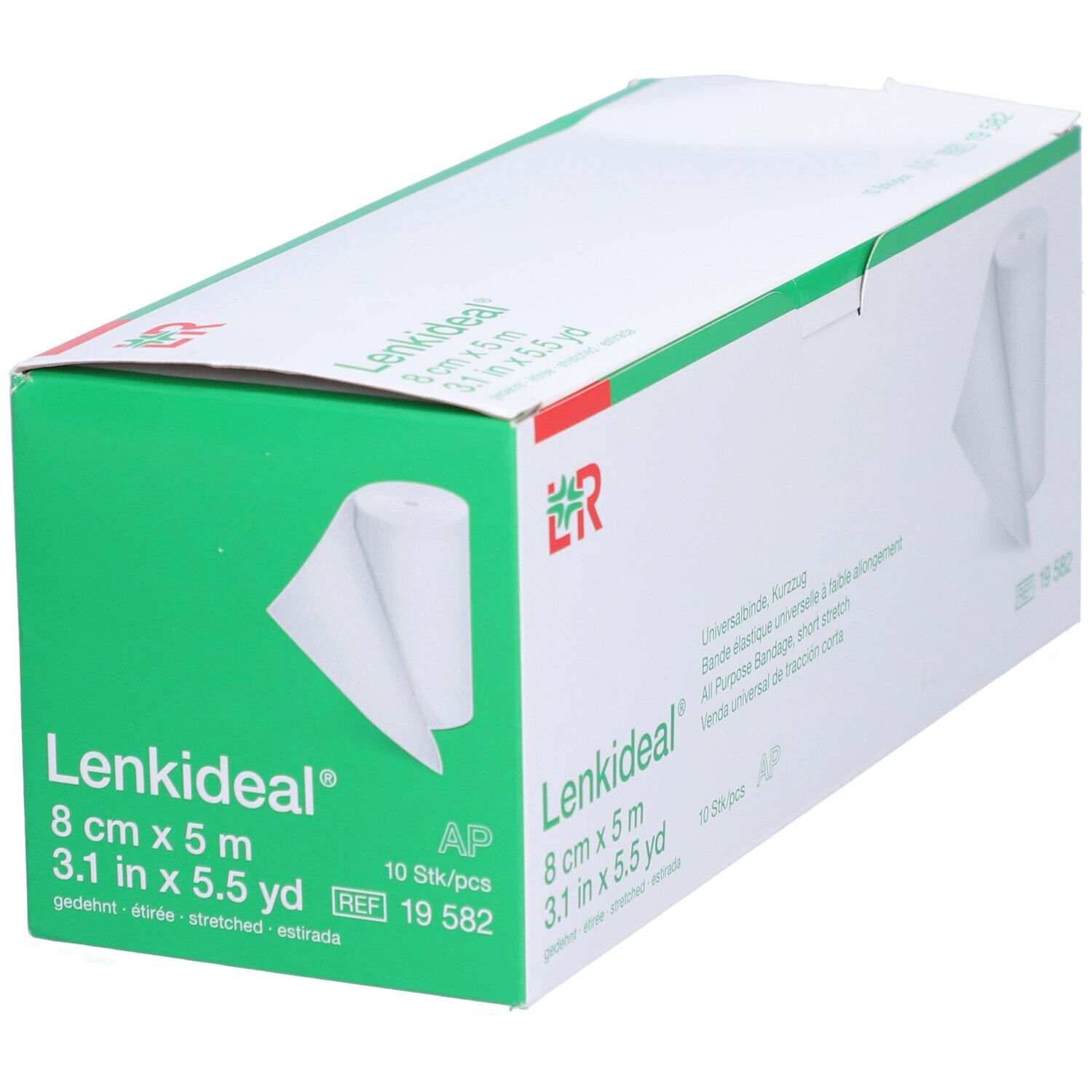 L&R Lenkideal Verpackung. Bandage, 8 cm x 5 m. Weißer Karton mit grünem Deckel. 10 Stück.