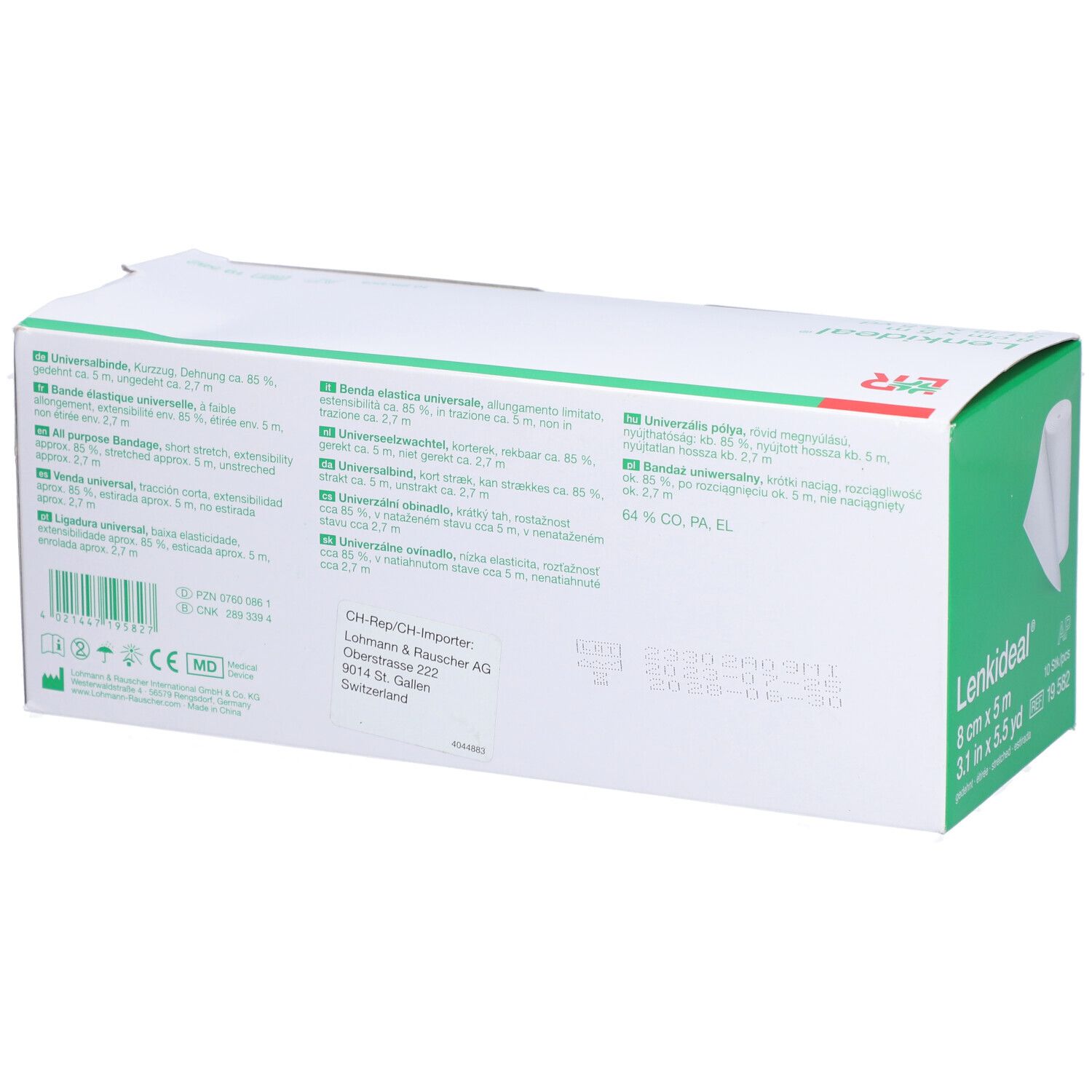 Rückseite der L&R Lenkideal Verpackung. Informationen in mehreren Sprachen. Weißer Karton.