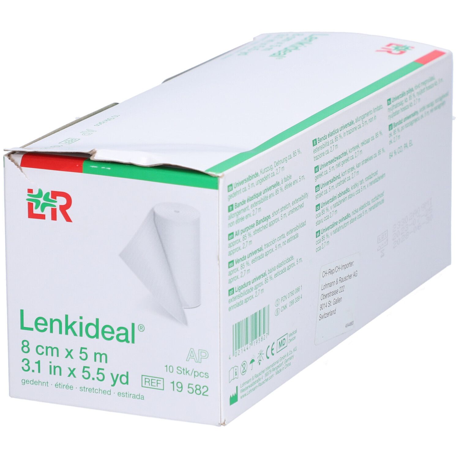 L&R Lenkideal Verpackung. Bandage, 8 cm x 5 m. Weißer Karton mit grünem Deckel. 10 Stück.