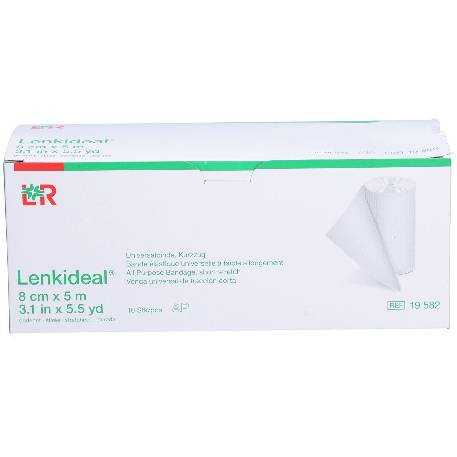 L&R Lenkideal Verpackung. Bandage, 8 cm x 5 m. Weißer Karton mit grünem Deckel. 10 Stück.
