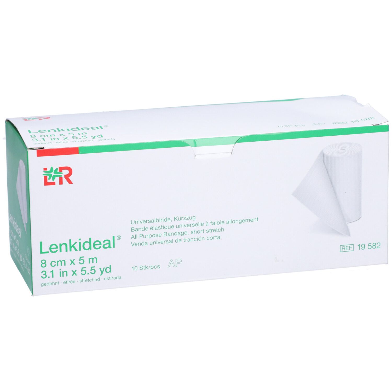 L&R Lenkideal Verpackung. Bandage, 8 cm x 5 m. Weißer Karton mit grünem Deckel. 10 Stück.