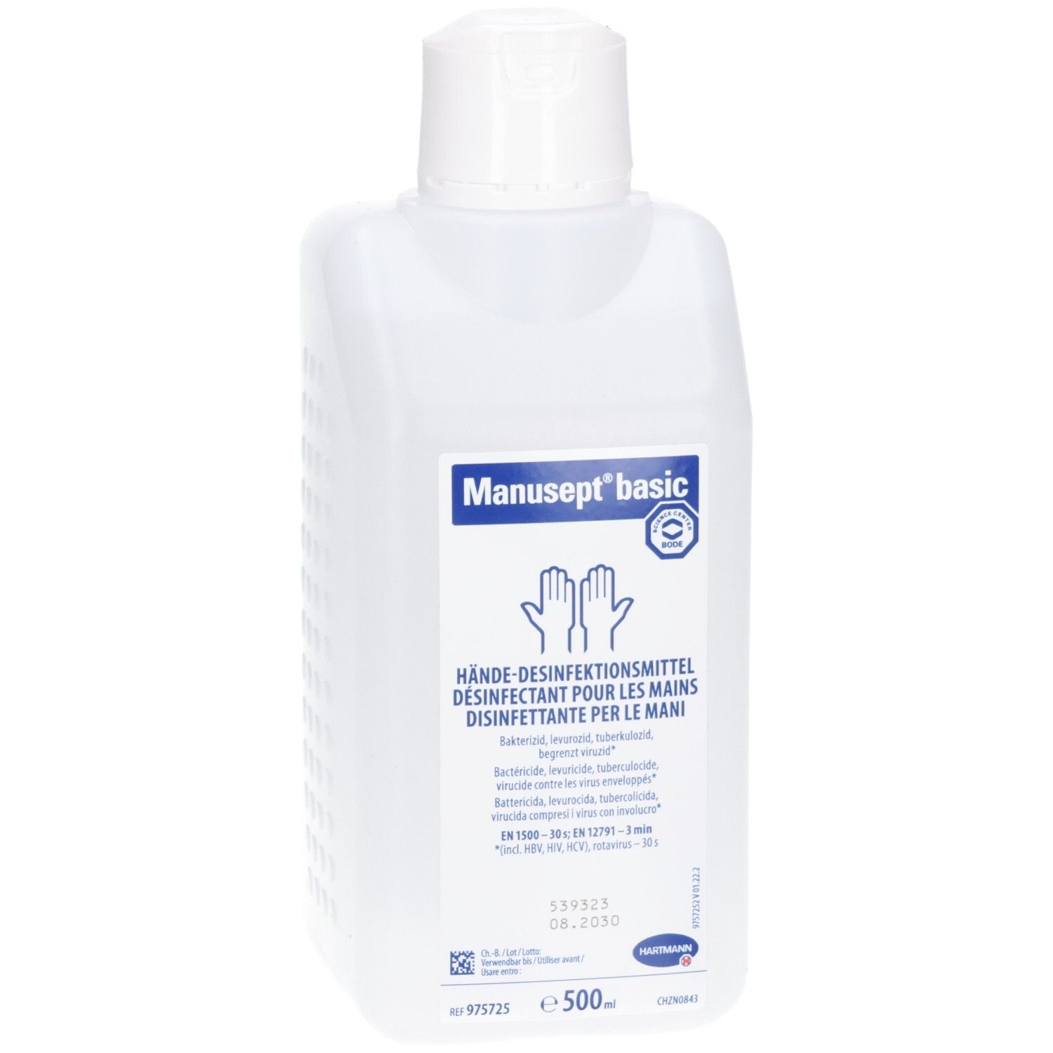Flacon blanc avec bouchon blanc. Inscription: Manusept basic. Désinfectant pour les mains. 500 ml.