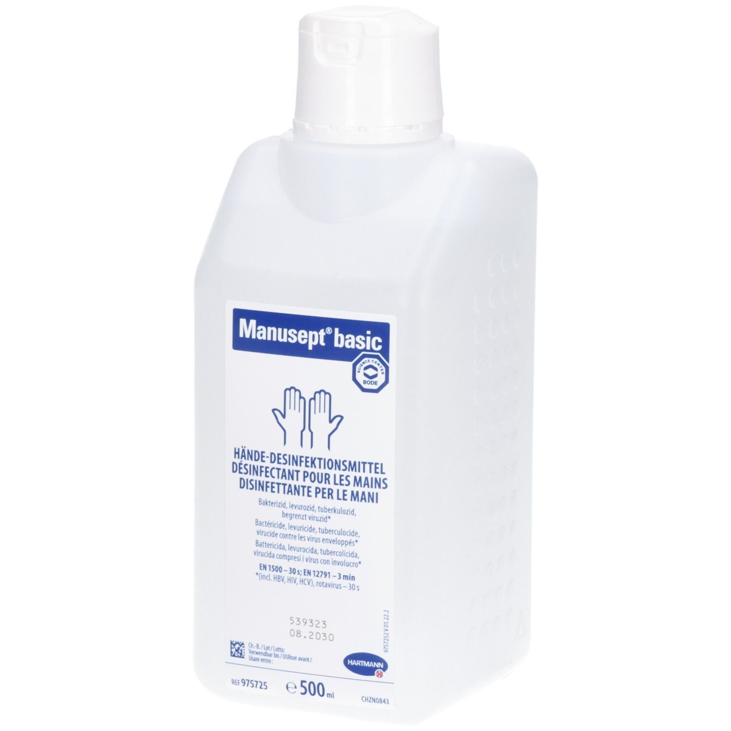 Flacon blanchâtre avec bouchon blanc. Inscription: Manusept basic. Désinfectant pour les mains. 500 ml.