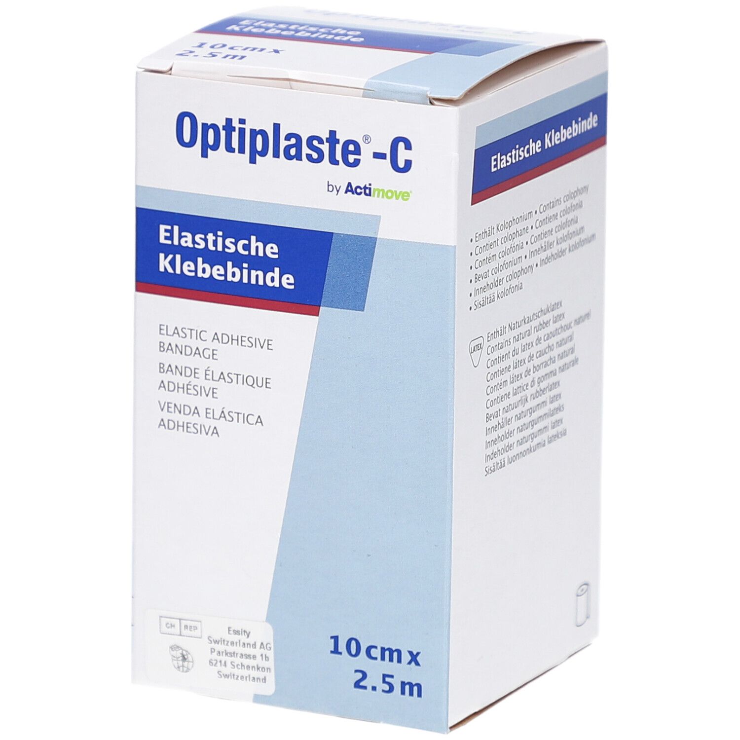 Optiplaste-C, bandage adhésif élastique, 10cm x 2,5m. Boîte avec informations produit. Logo ActiMove.