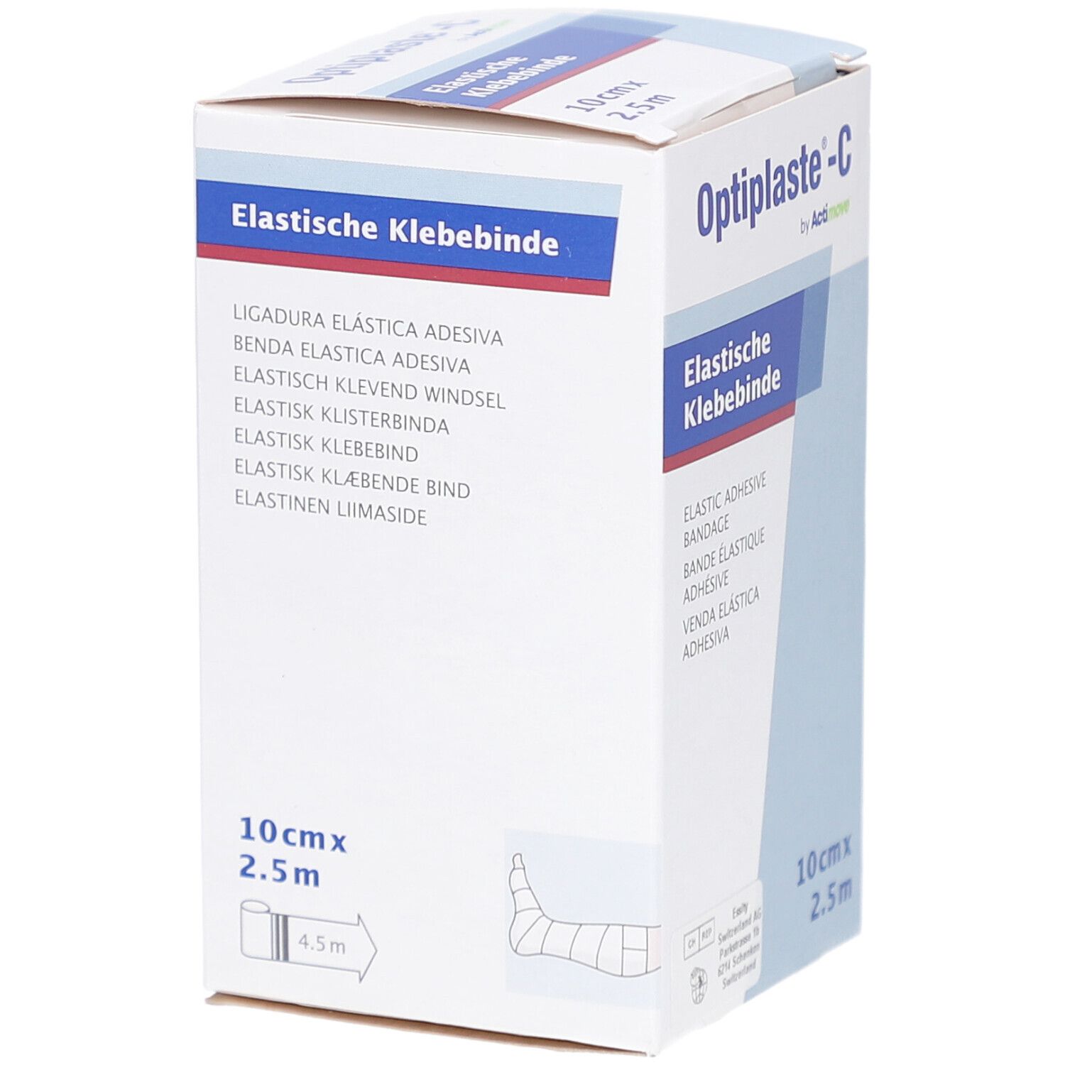 Emballage Optiplaste-C, bandage adhésif élastique, 10cm x 2,5m. Désignations multilingues. Illustration d'application.