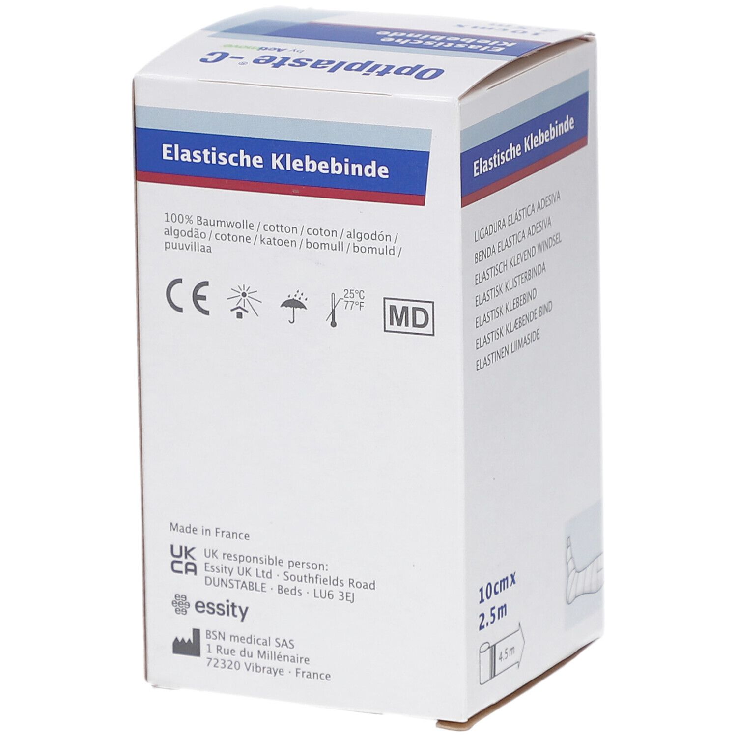 Dos de l'emballage Optiplaste-C. Ingrédients, informations fabricant, marquage CE, symbole MD.