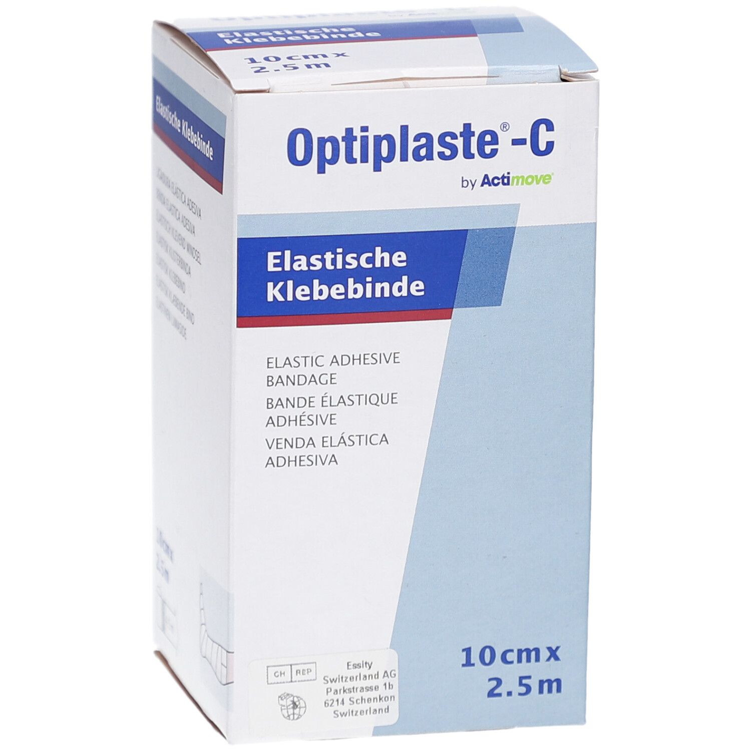 Emballage Optiplaste-C, bandage adhésif élastique, 10cm x 2,5m. Logo ActiMove. Désignation du produit.