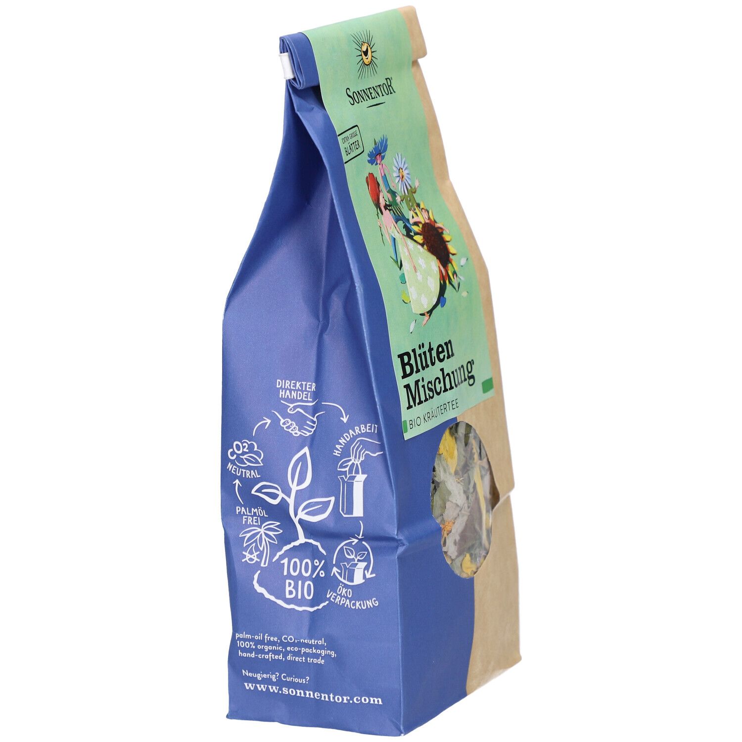 Blütenmischung-Beutel, Marke SONNENTOR. Blaue und braune Verpackung. BIO-Zertifizierung. Sichtfenster.