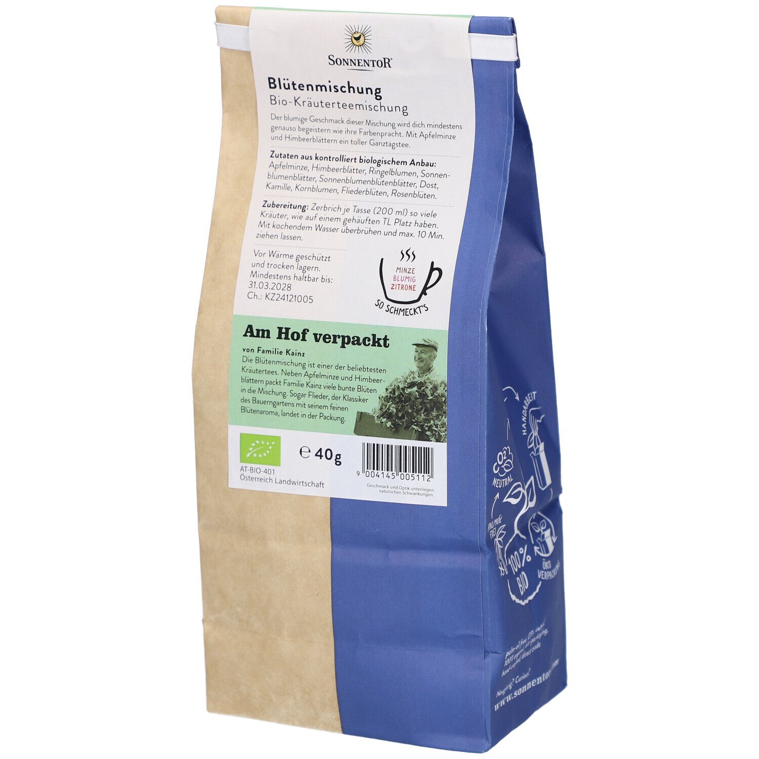 Rückseite des Blütenmischung-Beutels. Marke SONNENTOR. Text mit Zutaten und Zubereitung. BIO-Siegel.