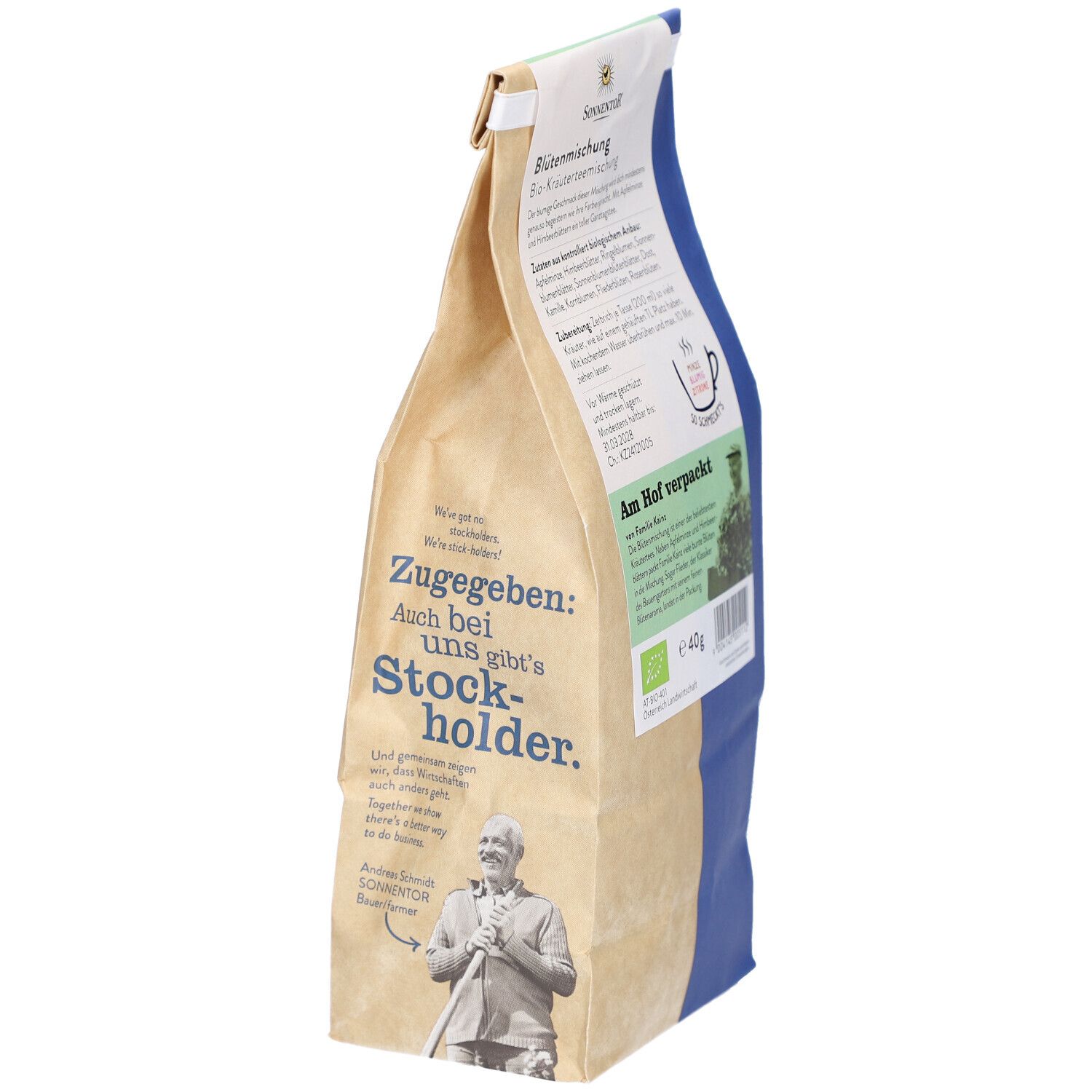 Seitenansicht des Blütenmischung-Beutels. Marke SONNENTOR. Text und Abbildung. BIO-Siegel.
