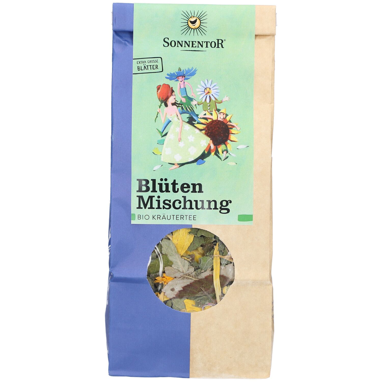 Beutel mit Blütenmischung. Marke SONNENTOR. Sichtfenster zeigt Kräuter. BIO-Kräutertee.