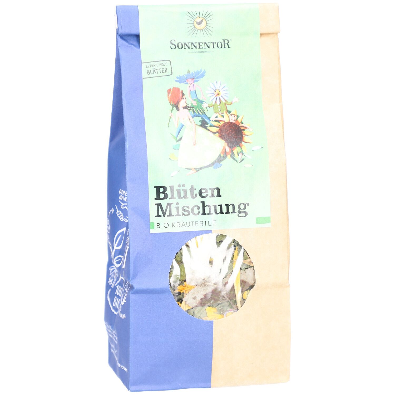 Beutel mit Blütenmischung. Marke SONNENTOR. Sichtfenster zeigt Kräuter. BIO-Kräutertee.