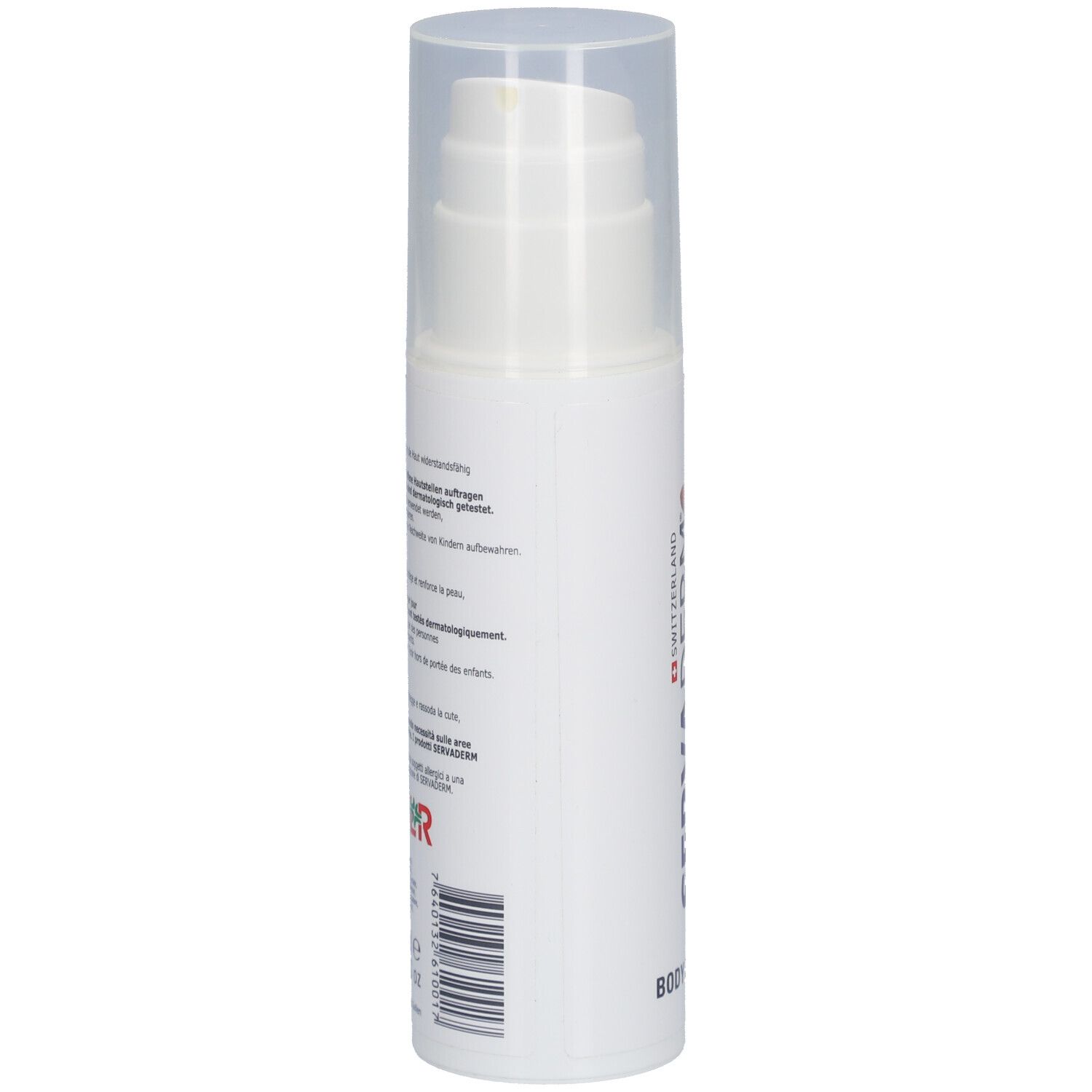 Weiße Flasche mit Pumpverschluss. Rückseite mit Text und Barcode. Schweizer Kreuz.