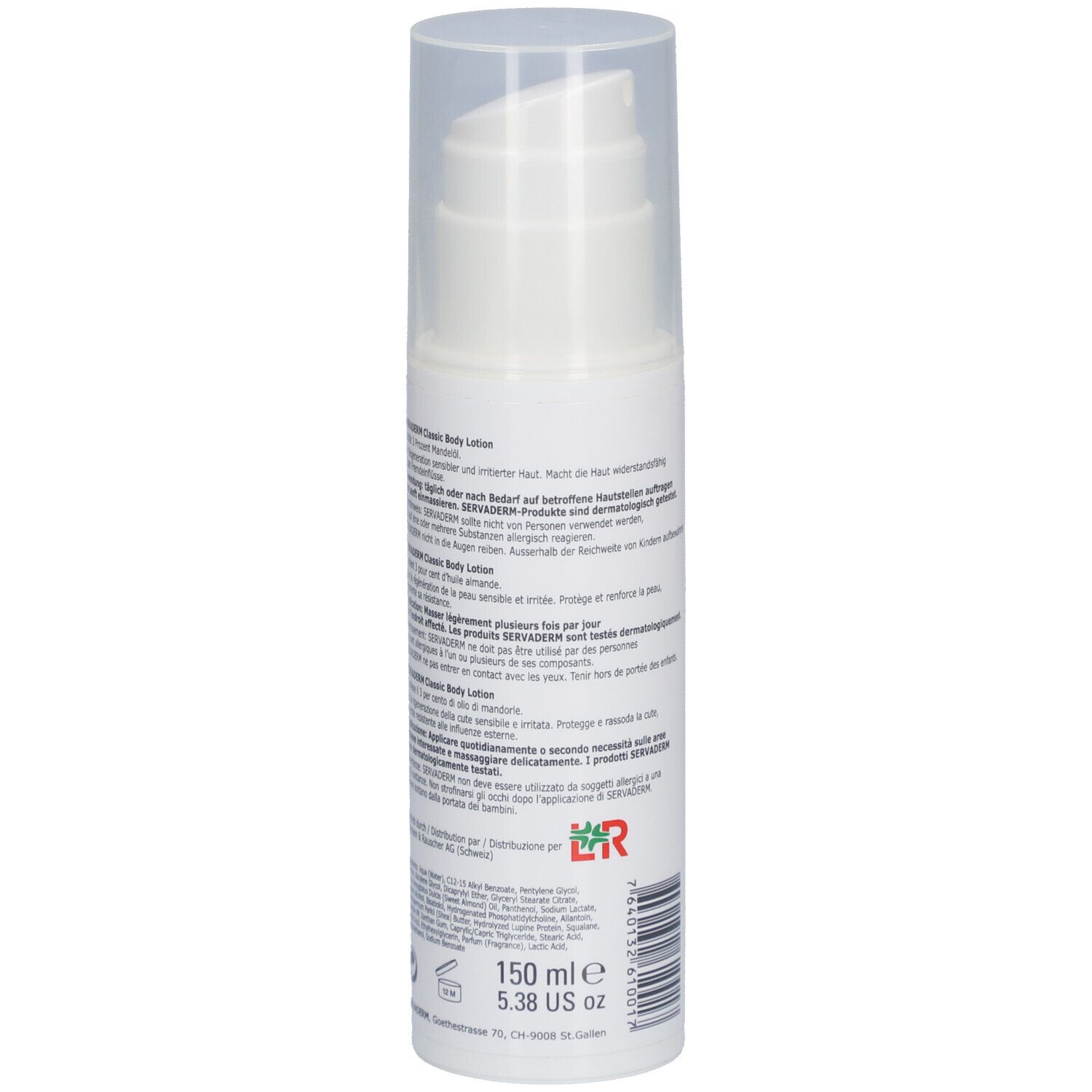 Weiße Flasche mit Pumpverschluss. Rückseite mit Text und Barcode. 150 ml.