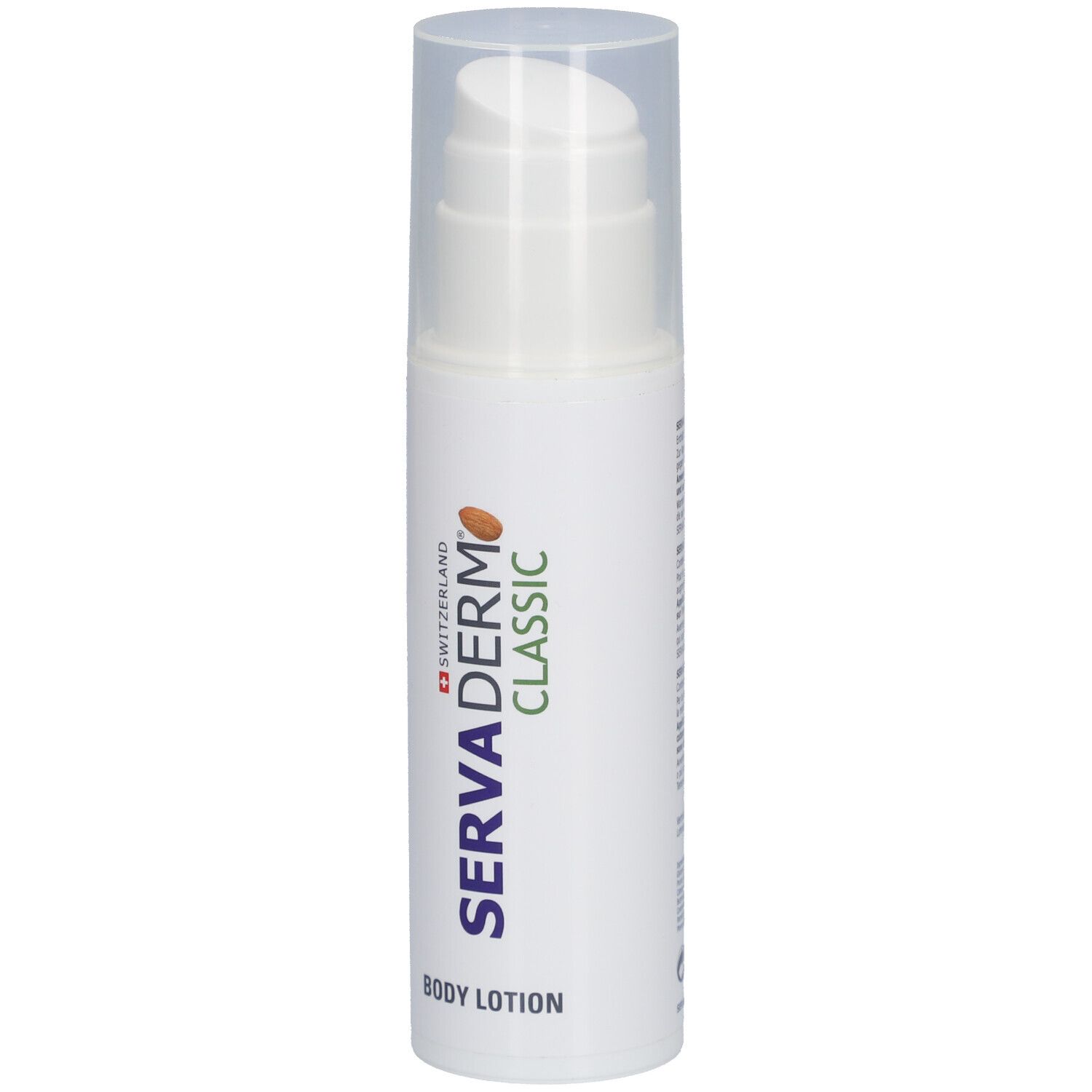 Weiße Flasche mit Pumpverschluss. Aufschrift: Servaderm Classic Body Lotion. Schweizer Kreuz.