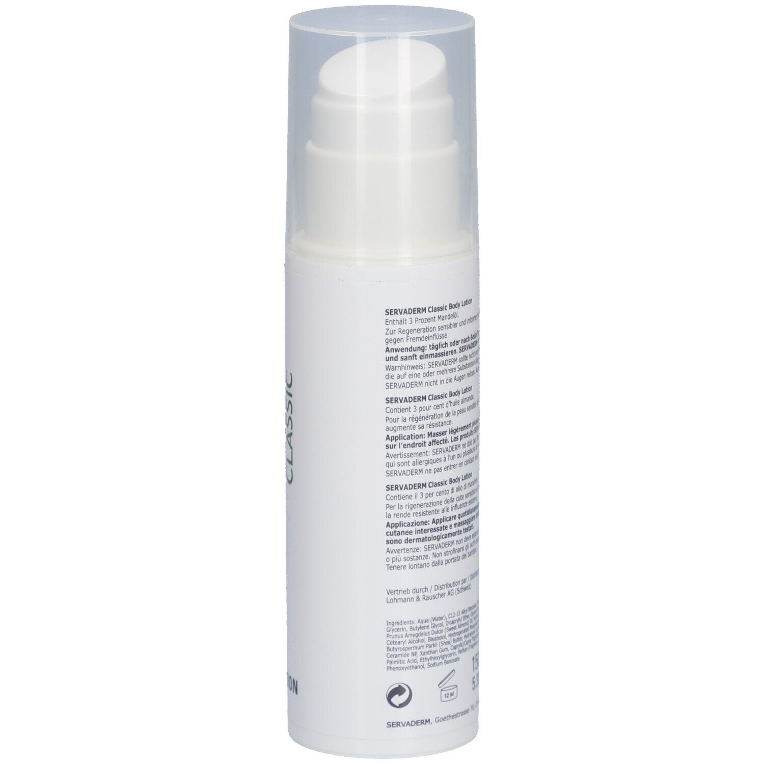 Weiße Flasche mit Pumpverschluss. Rückseite mit Text. Aufschrift: Servaderm Classic Body Lotion.