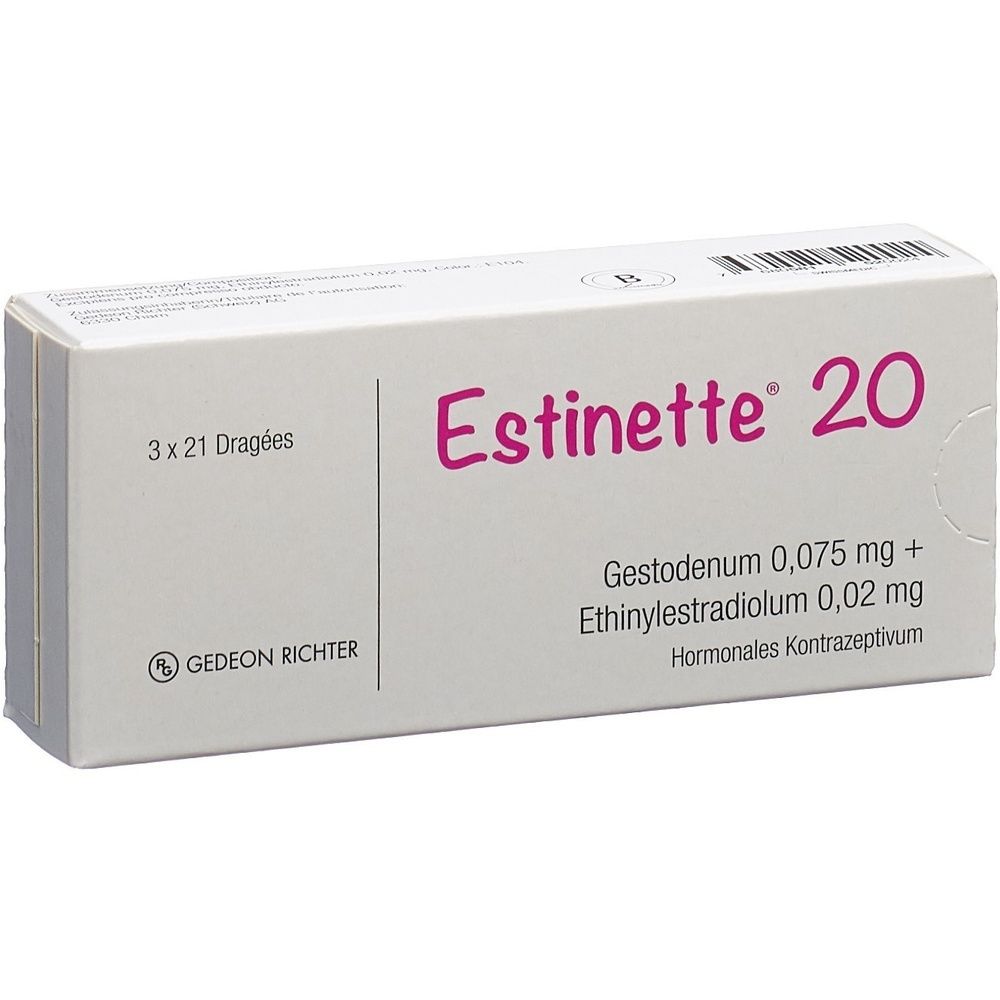 Kartonpackung mit der Aufschrift "Estinette 20". Die Packung ist weiß mit rosa Schrift.