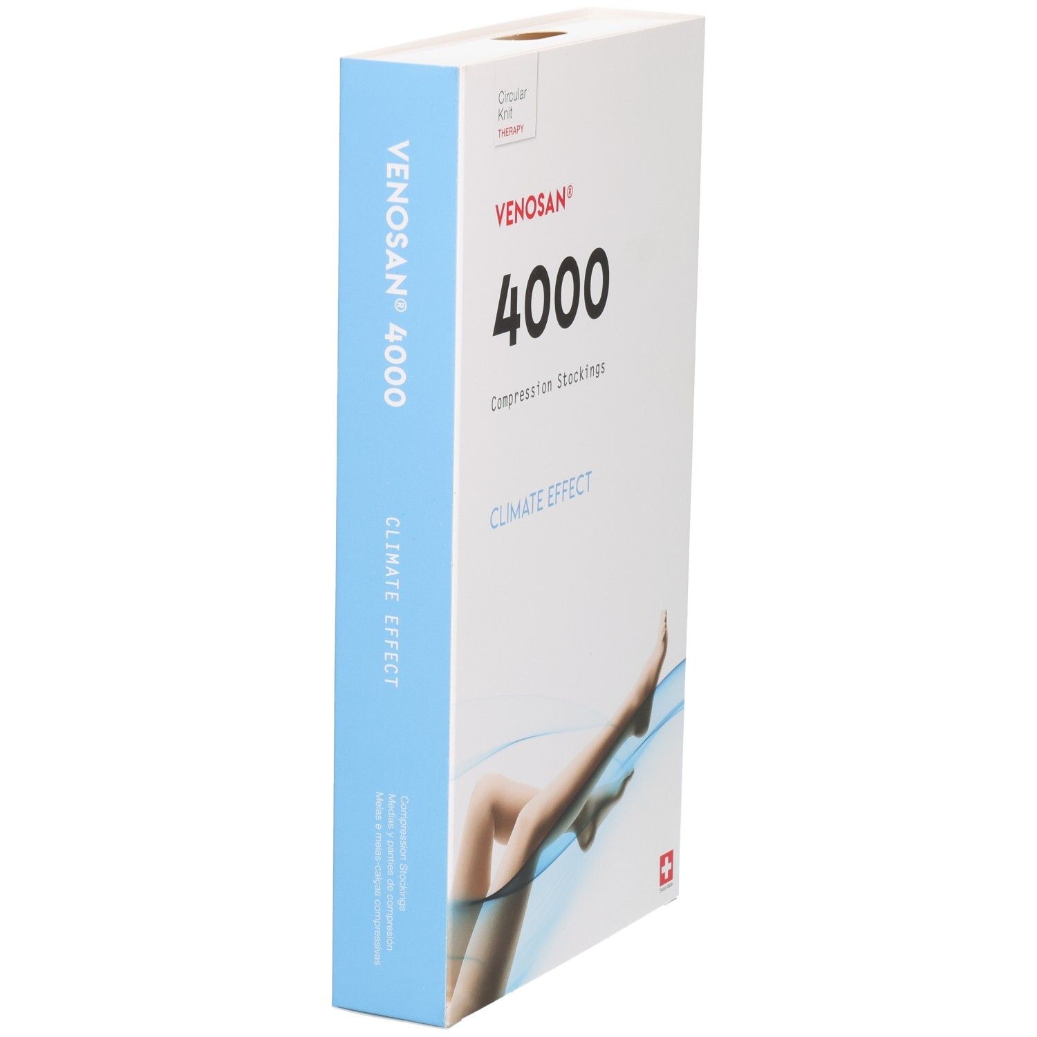 VENOSAN 4000 Kompressionsstrümpfe Karton. Mit Abbildung von Beinen und Schweizer Kreuz-Logo.