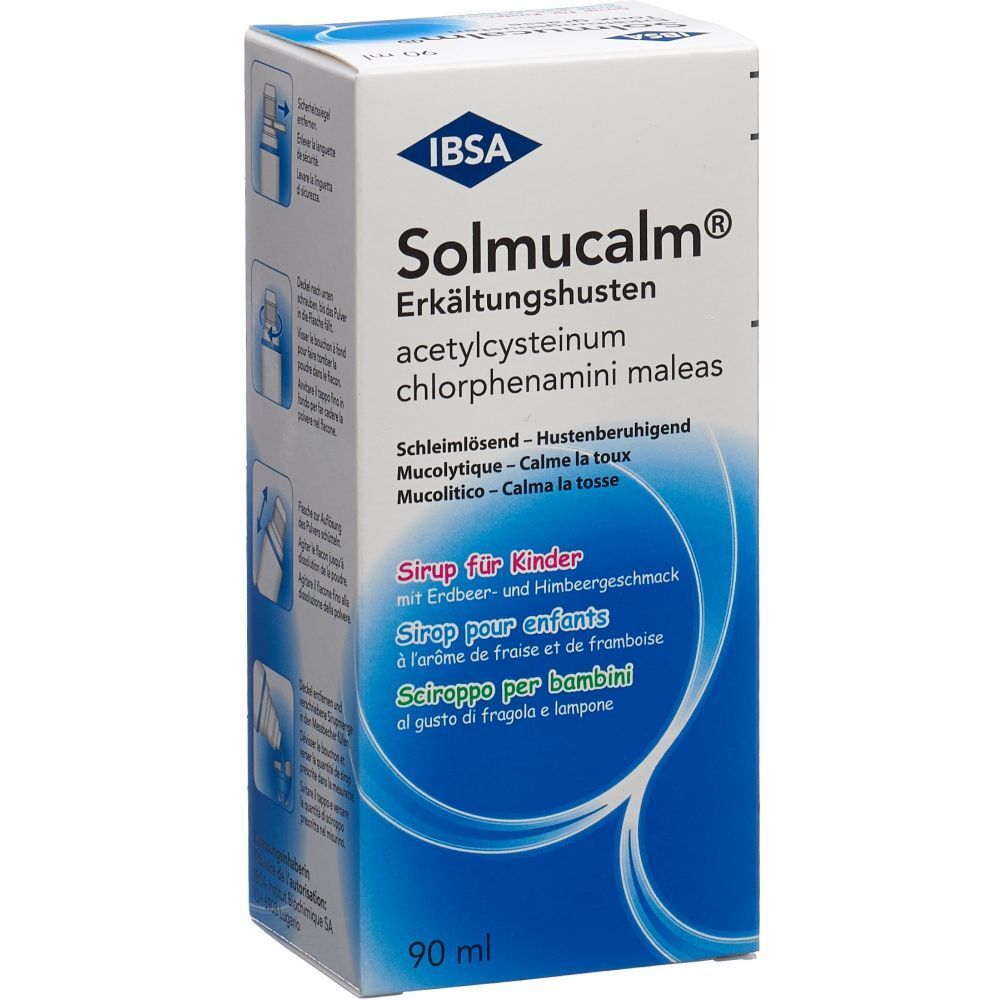 Solmucalm Erkältungshusten Sirup Kind. Weiße Schachtel mit blauen Akzenten. Text: IBSA, Sirup für Kinder, 90 ml.