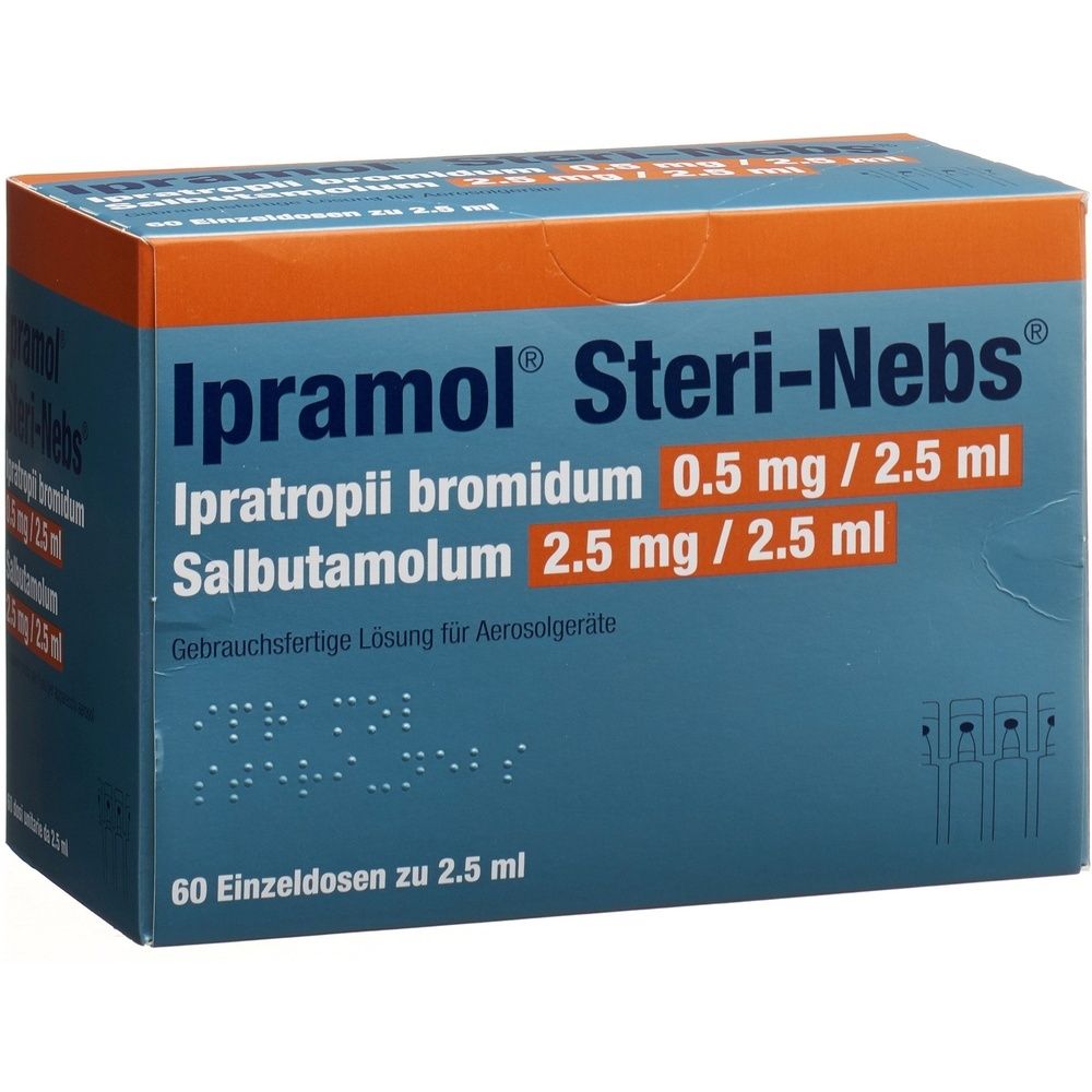 Blau-orange Schachtel mit "Ipramol Steri-Nebs". Enthält Ipratropii bromidum und Salbutamolum. 60 Einzeldosen zu 2,5 ml.