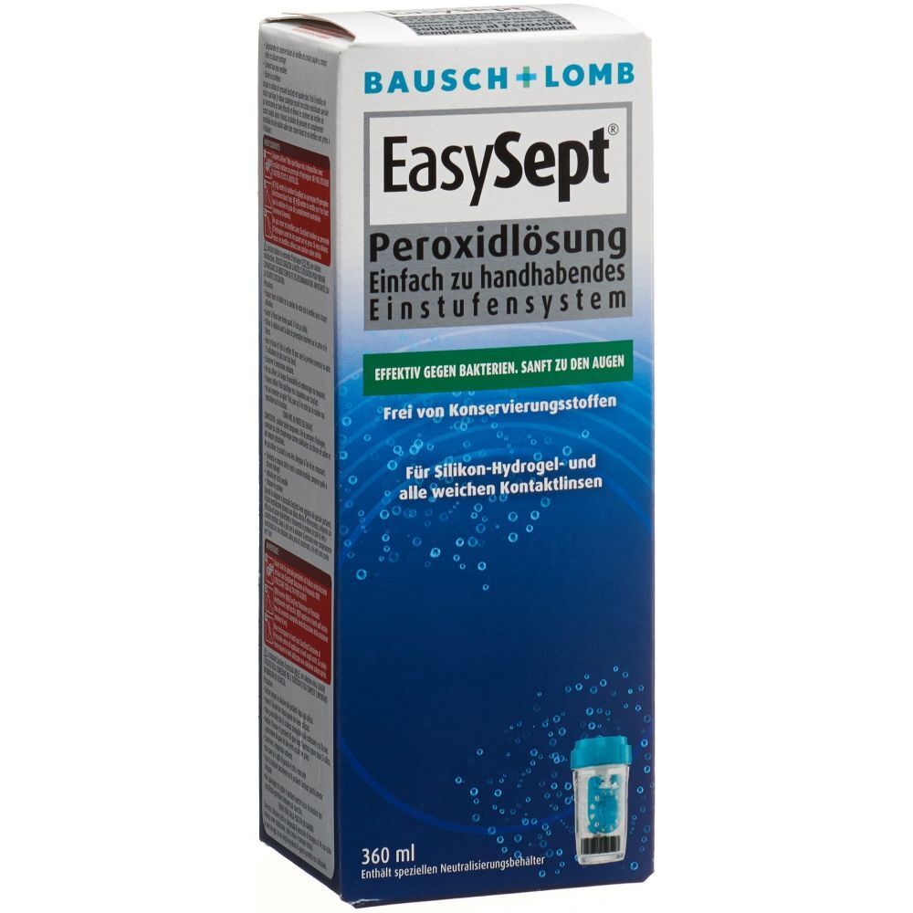 EasySept Peroxidlösung 360ml Verpackung mit Bausch + Lomb Logo. Für Kontaktlinsen.