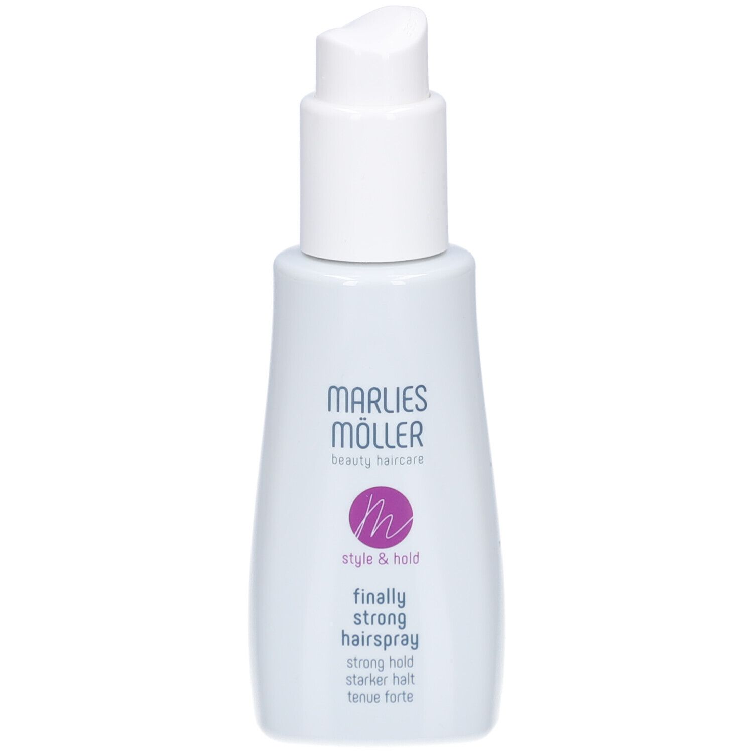 Flacon de laque blanc. Logo Marlies Möller et nom du produit. Dos avec texte.