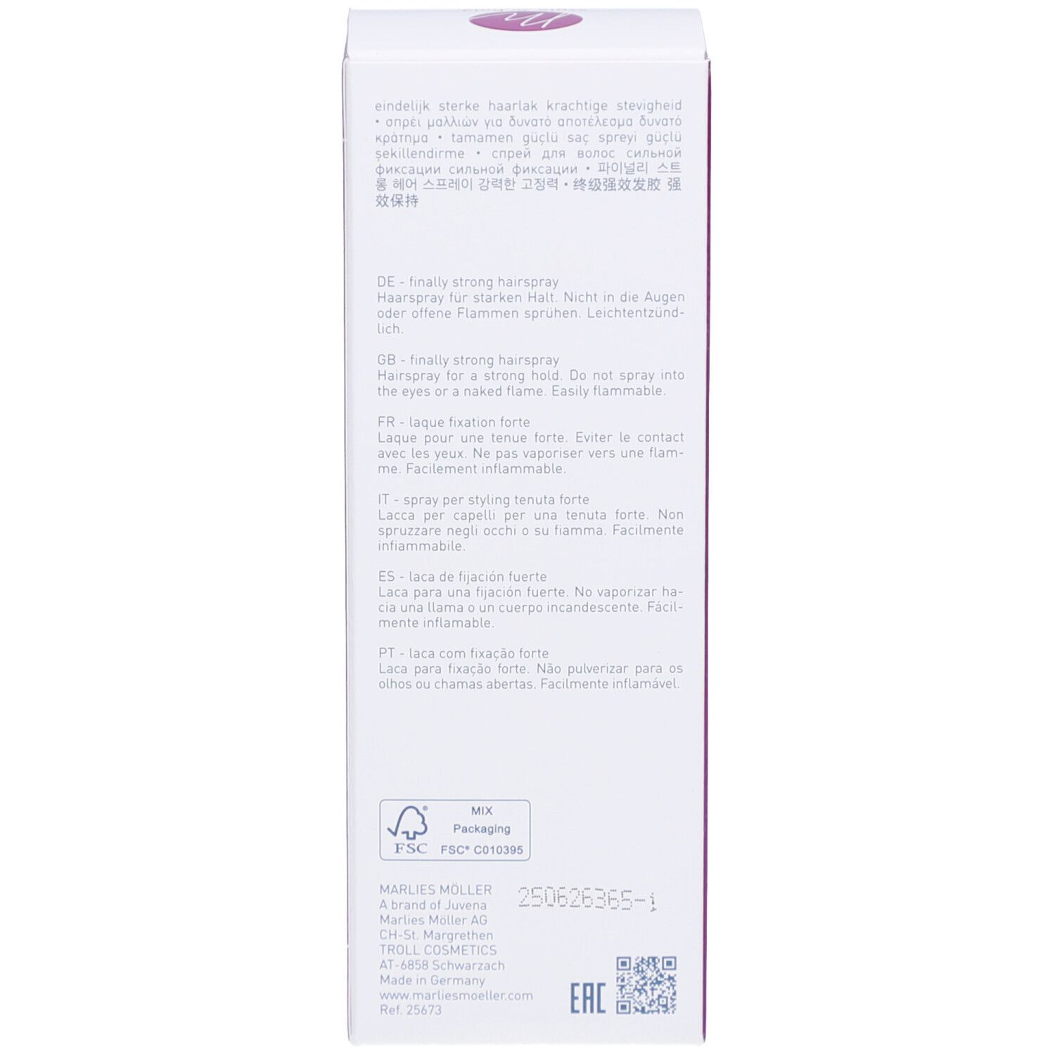 Emballage. Violet. Dos avec texte. Logo Marlies Möller. Nom du produit.