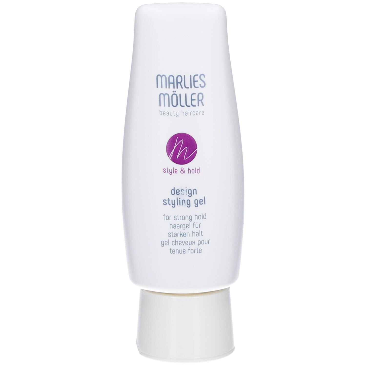 Tube blanc de gel coiffant Design. Marque Marlies Möller. Logo et texte violets.