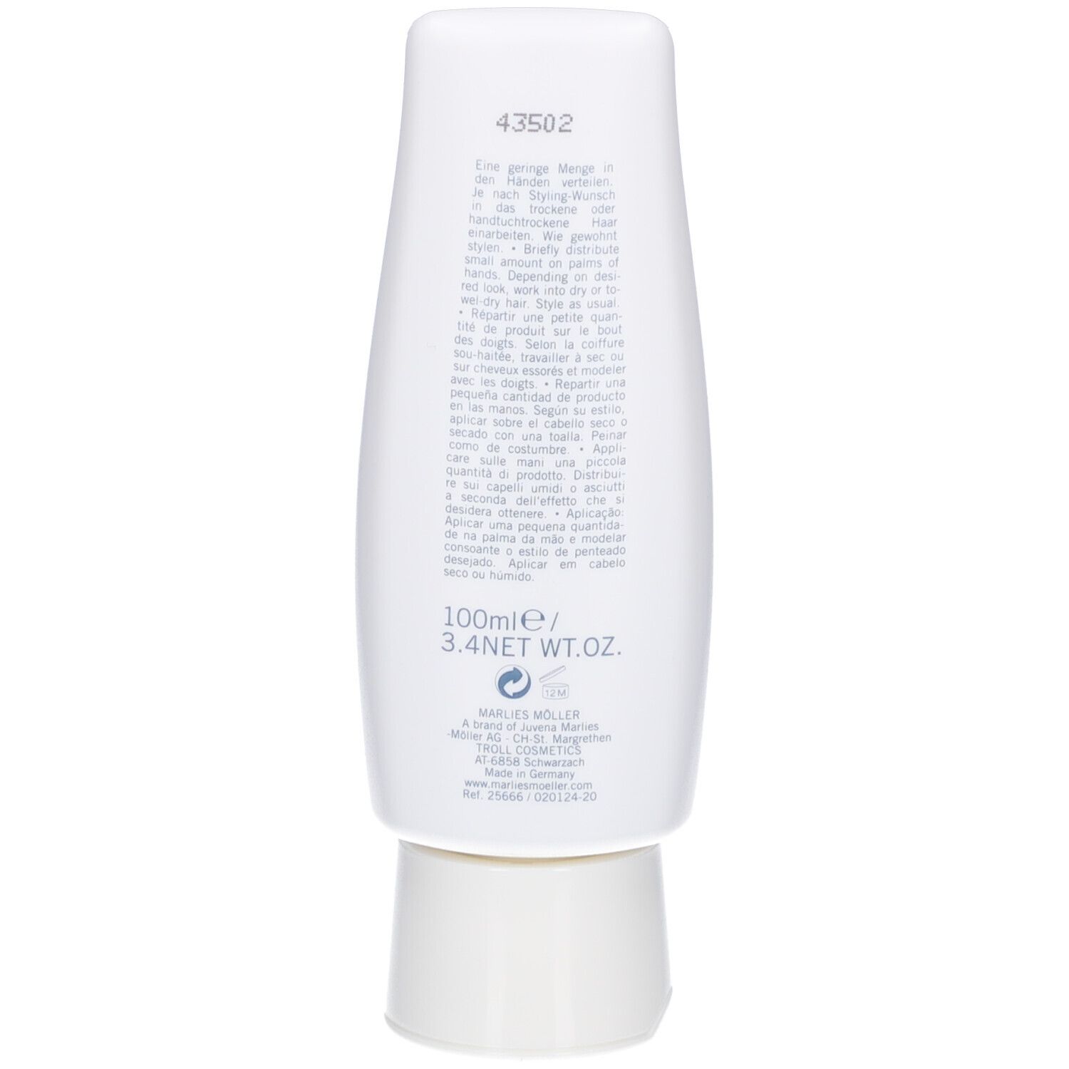 Dos d'un tube blanc de gel coiffant Design. Marque Marlies Möller. Texte et logo.