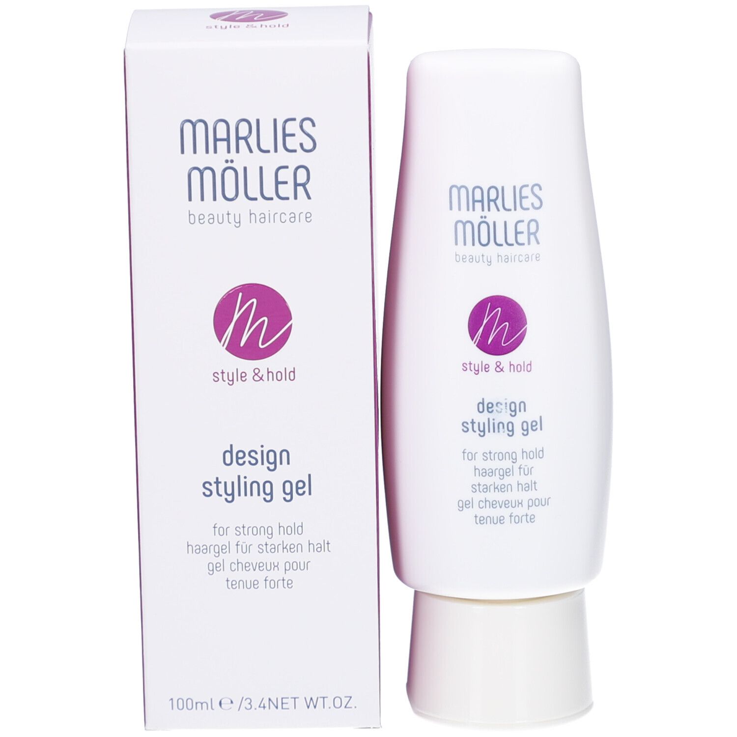 Gel coiffant Design avec emballage. Marque Marlies Möller. Blanc avec accents violets.