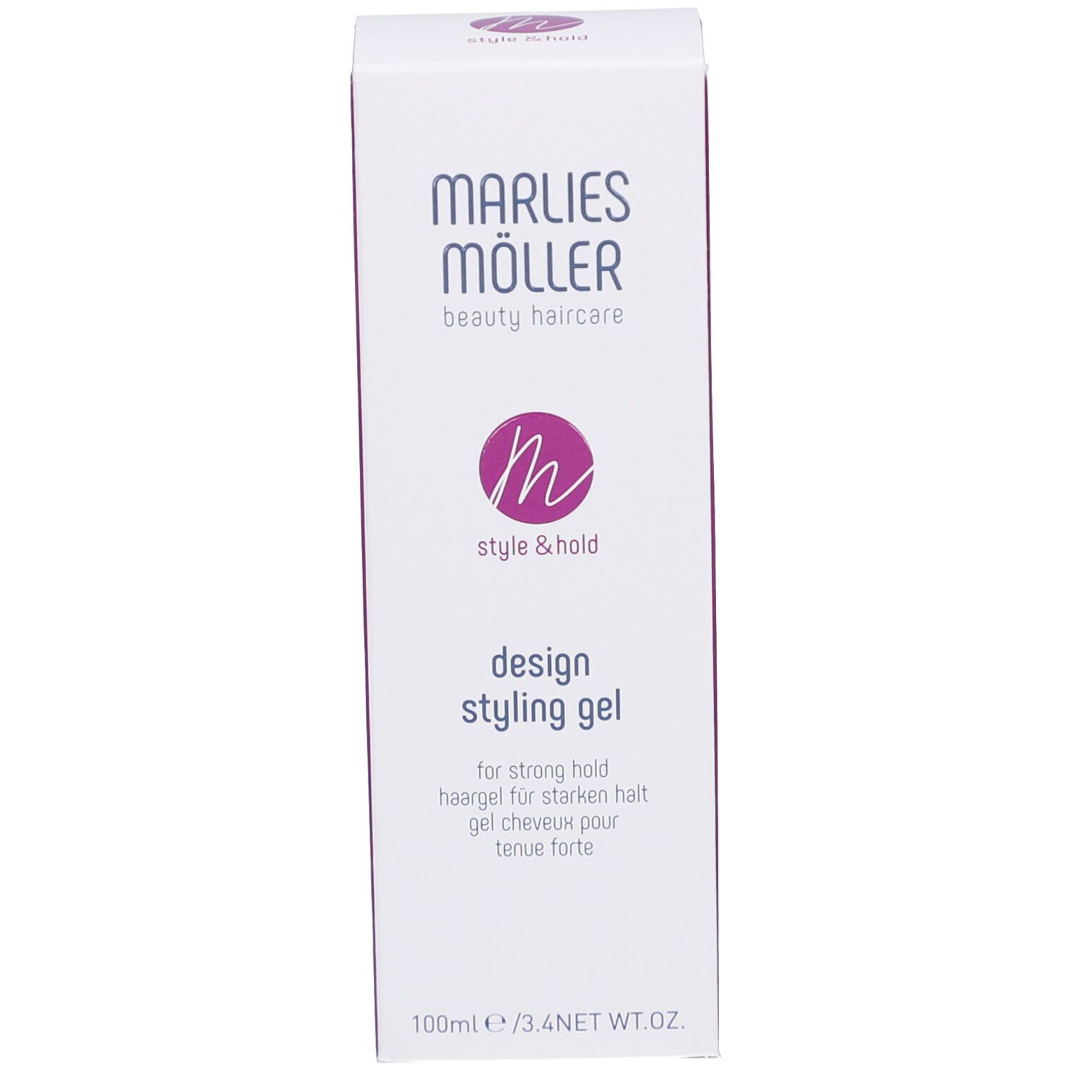 Emballage de gel coiffant Design. Marque Marlies Möller. Blanc avec accents violets.