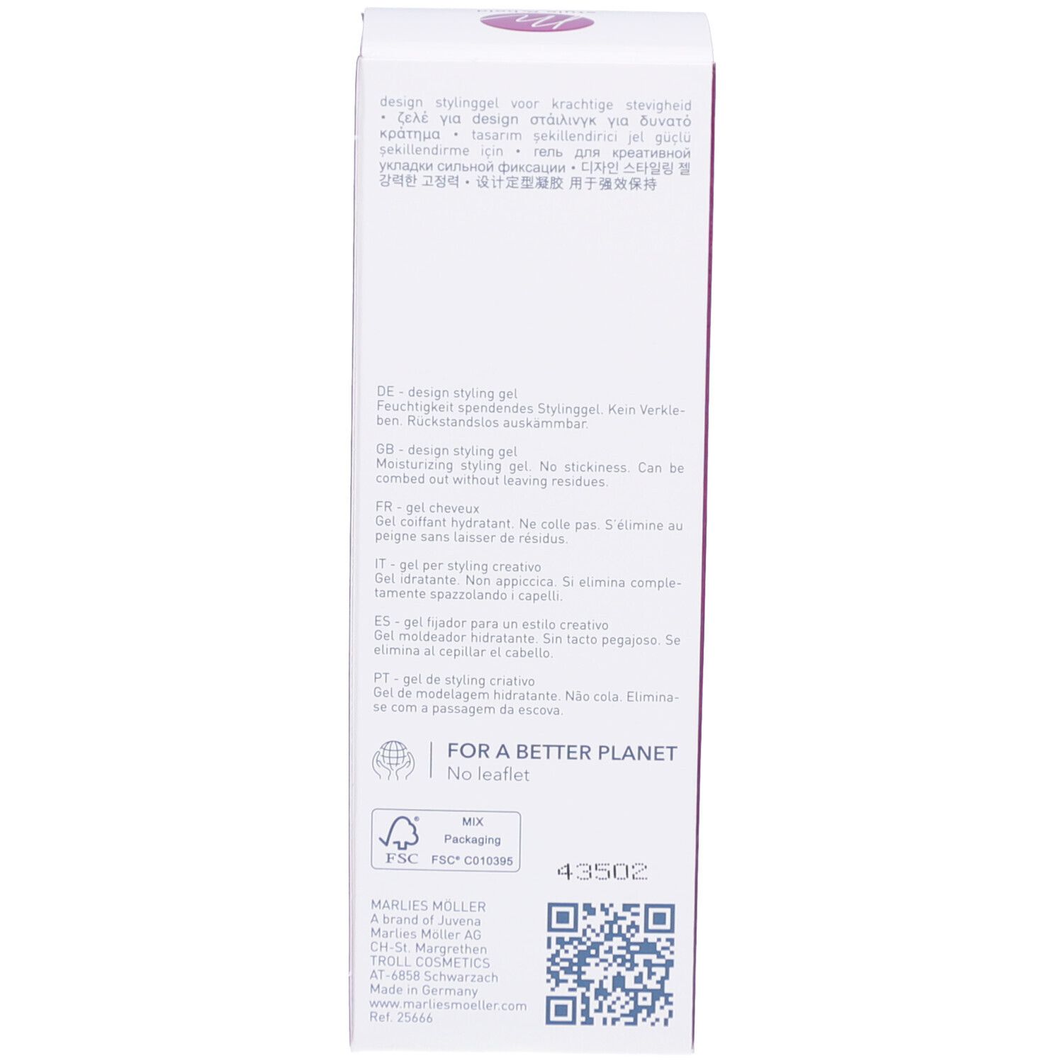 Dos de l'emballage de gel coiffant Design. Marque Marlies Möller. Texte et logo.