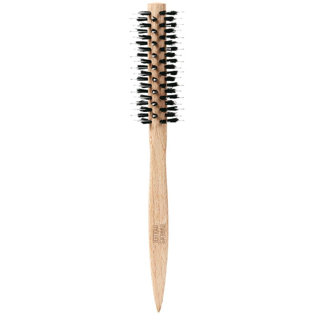 Brosse à cheveux ronde avec manche en bois et poils noirs. Marque Marlies Möller visible sur le manche.