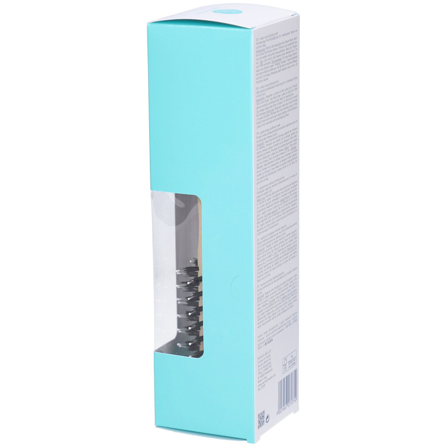 Verpackung der Rundbürste. Weiß-türkise Verpackung mit Sichtfenster. Schwarze Borsten sichtbar.
