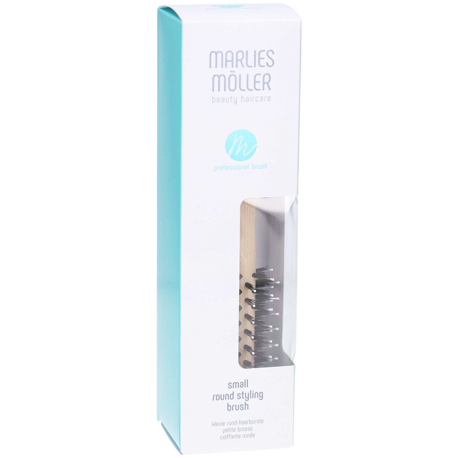 Kleine Rundbürste in Verpackung. Marke Marlies Möller. Weiß-türkise Verpackung mit Sichtfenster. Schwarze Borsten sichtbar.