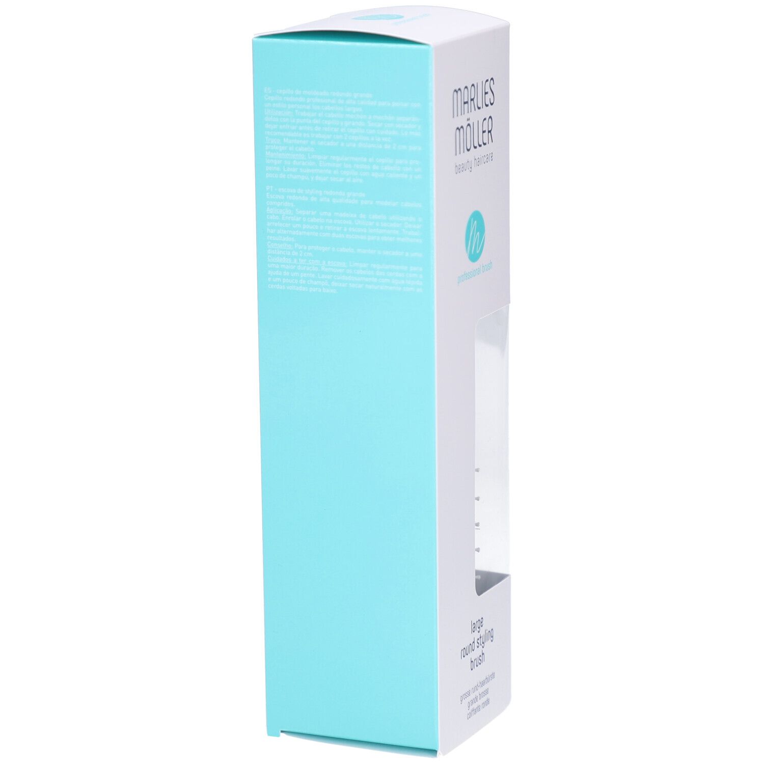 Verpackung, Seite mit Text. Marke Marlies Möller. Türkis und weiß. Text auf Verpackung.