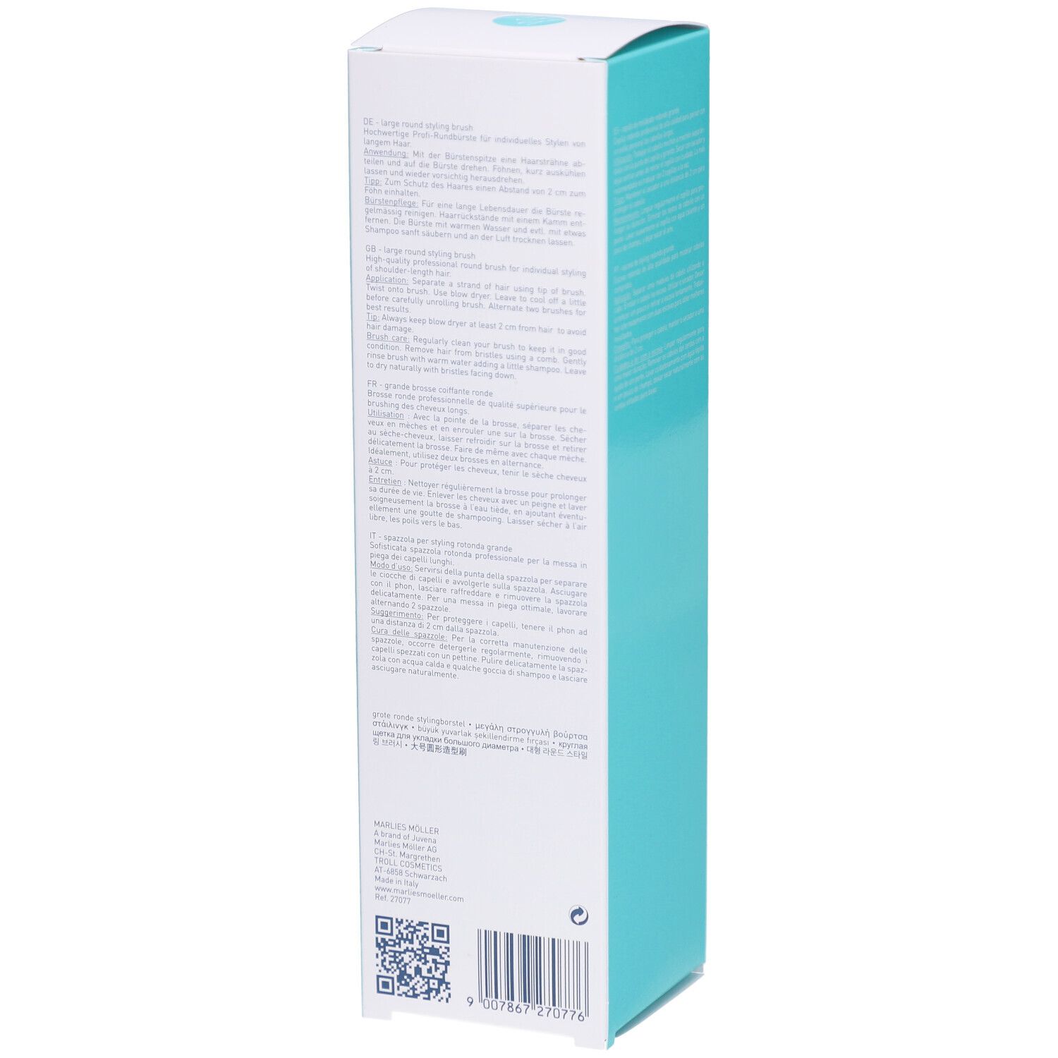 Verpackung, Seite mit Text und Barcode. Marke Marlies Möller. Türkis und weiß. Text auf Verpackung.