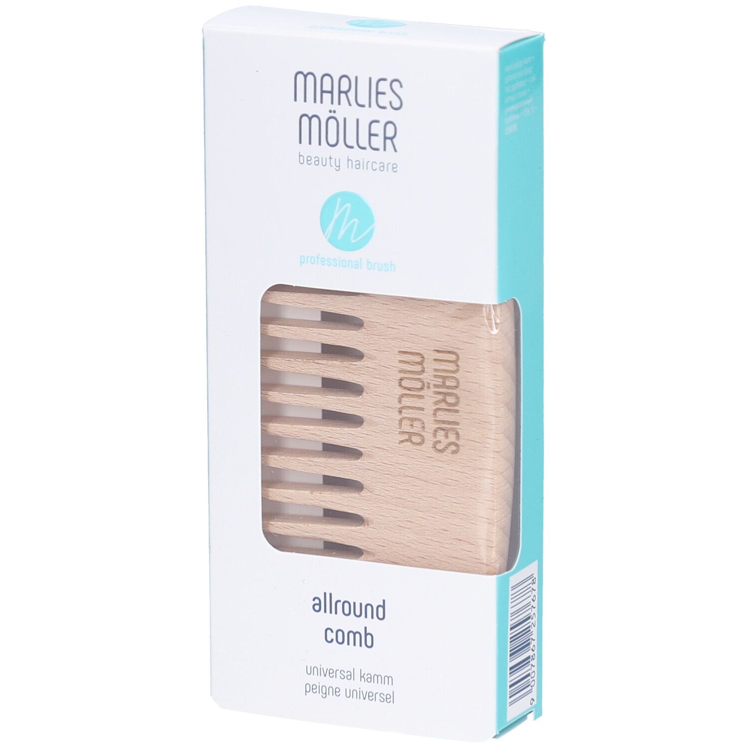 Emballage du produit avec peigne en bois. "Marlies Möller" est inscrit sur l'emballage.