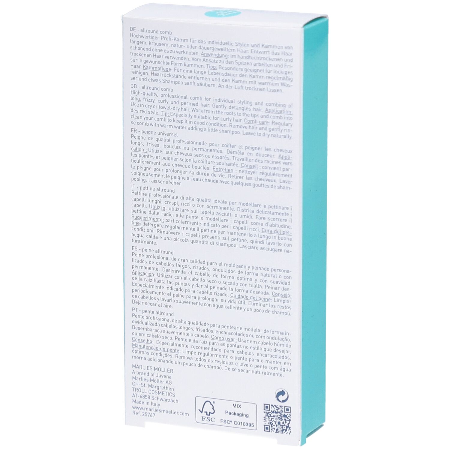 Peigne en bois à dents larges. "Marlies Möller" est inscrit sur l'emballage.