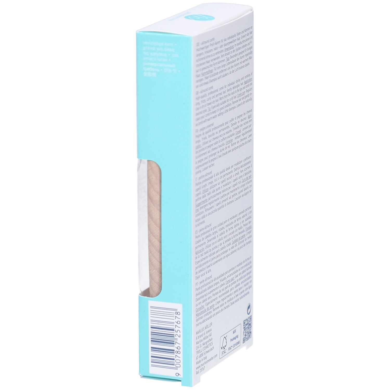 Vue latérale de l'emballage du produit. Le peigne en bois est visible à travers une fenêtre.