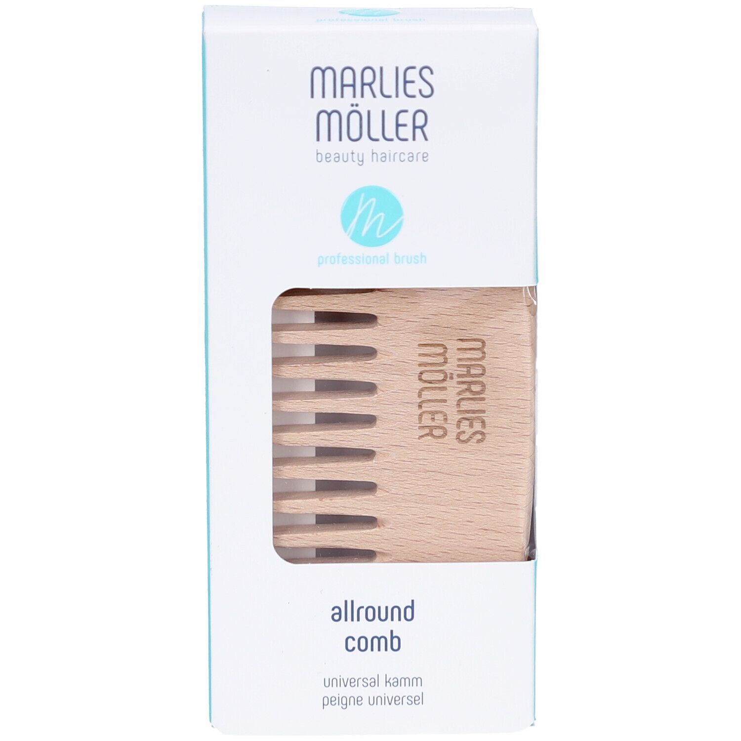 Emballage du produit avec peigne en bois. "Marlies Möller" est inscrit sur l'emballage.
