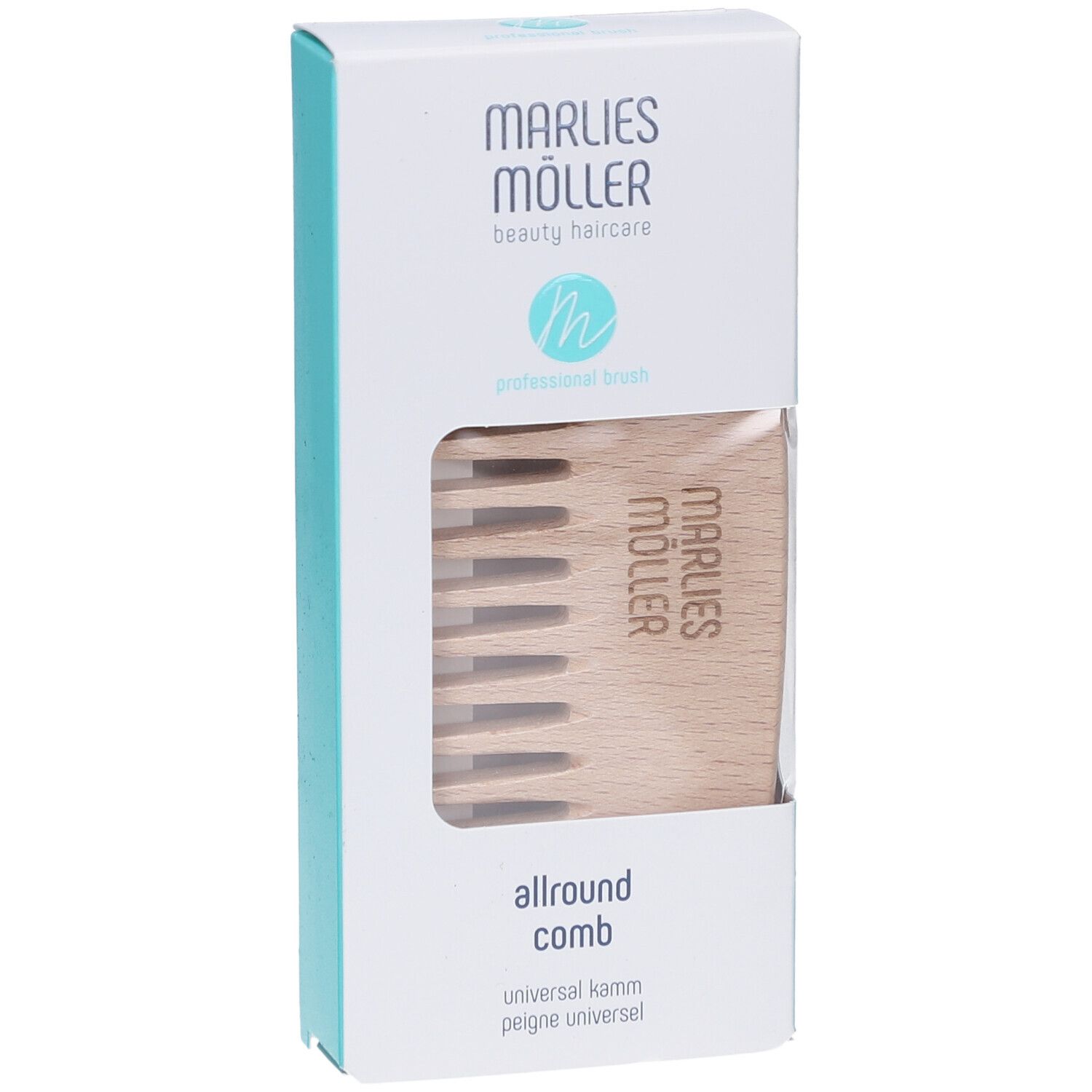 Emballage du produit avec peigne en bois. "Marlies Möller" est inscrit sur l'emballage.